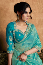 Turquoise Blue Zari Organza Satin Saree Showcasing Applique Flowers