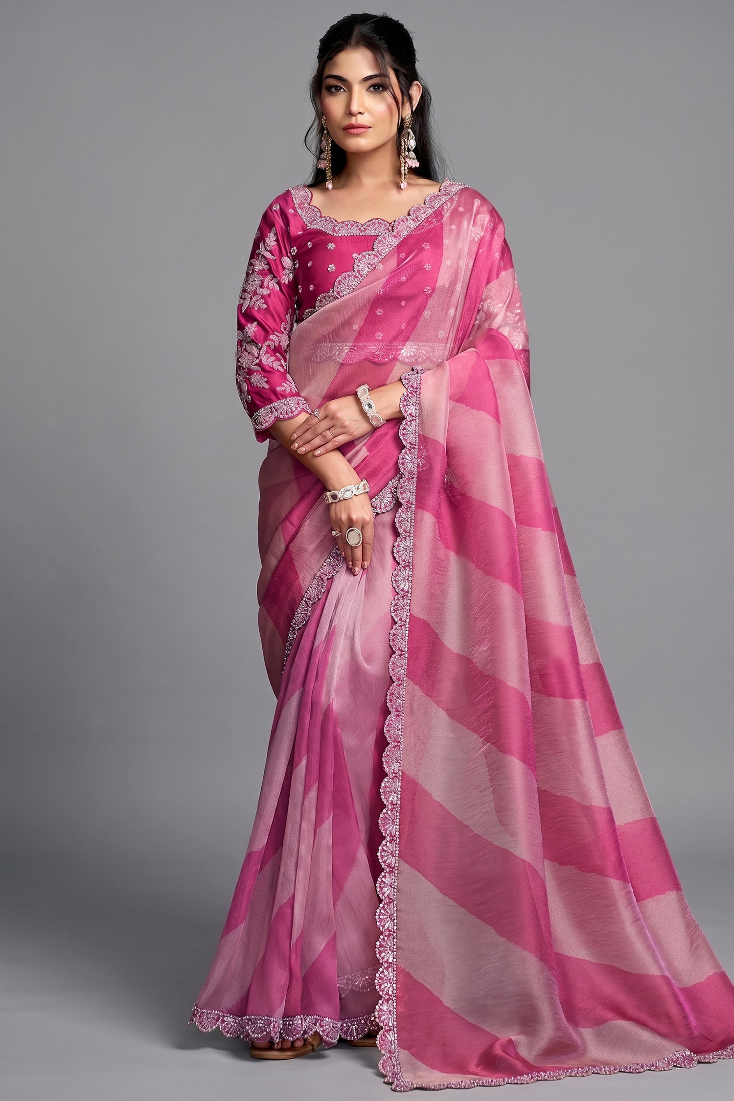 Candy Pink Lehriya Print Organza Satin Saree With Highlighted Scalloped Border Main image