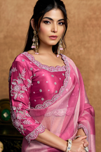 Candy Pink Lehriya Print Organza Satin Saree With Highlighted Scalloped Border