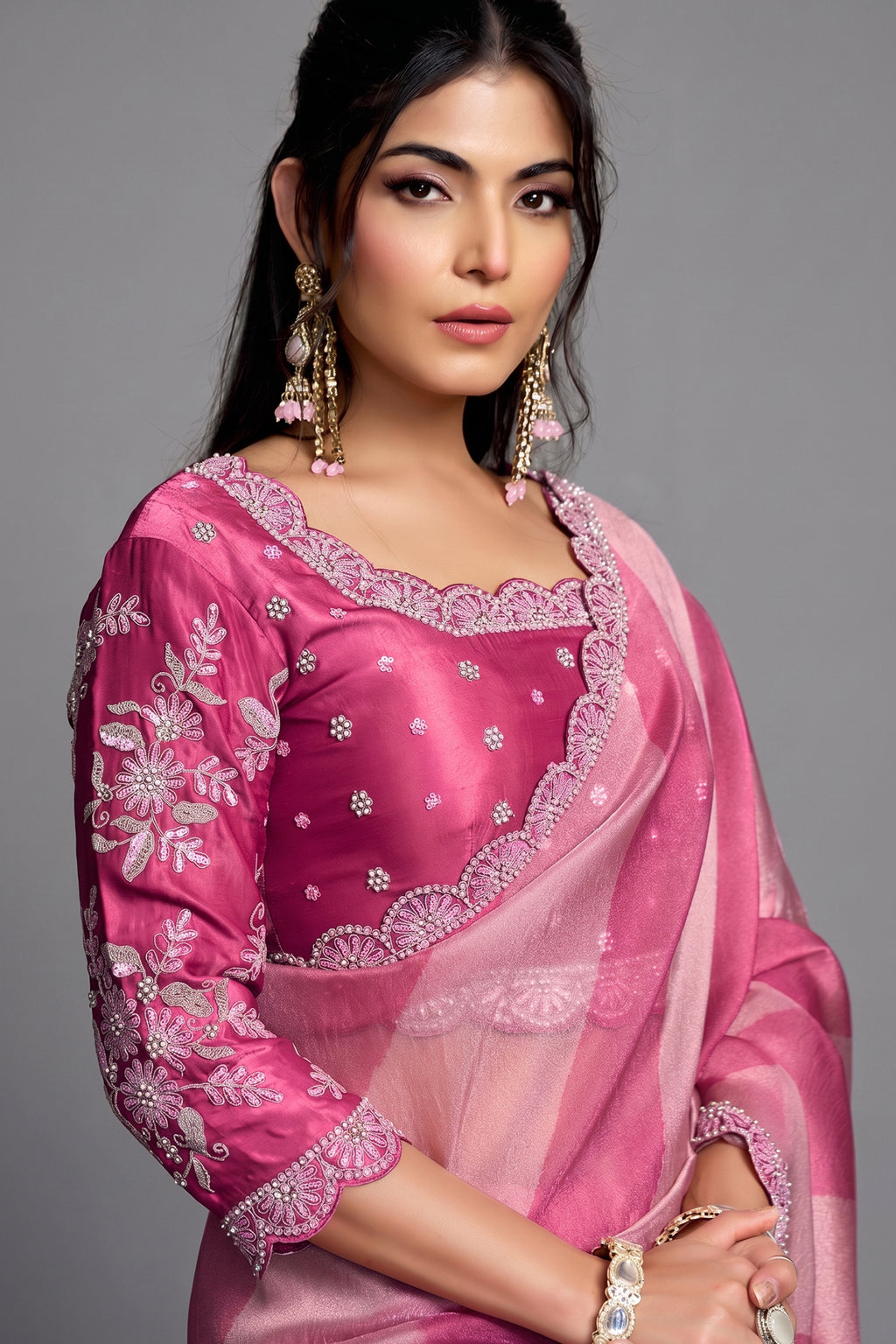 Candy Pink Lehriya Print Organza Satin Saree With Highlighted Scalloped Border