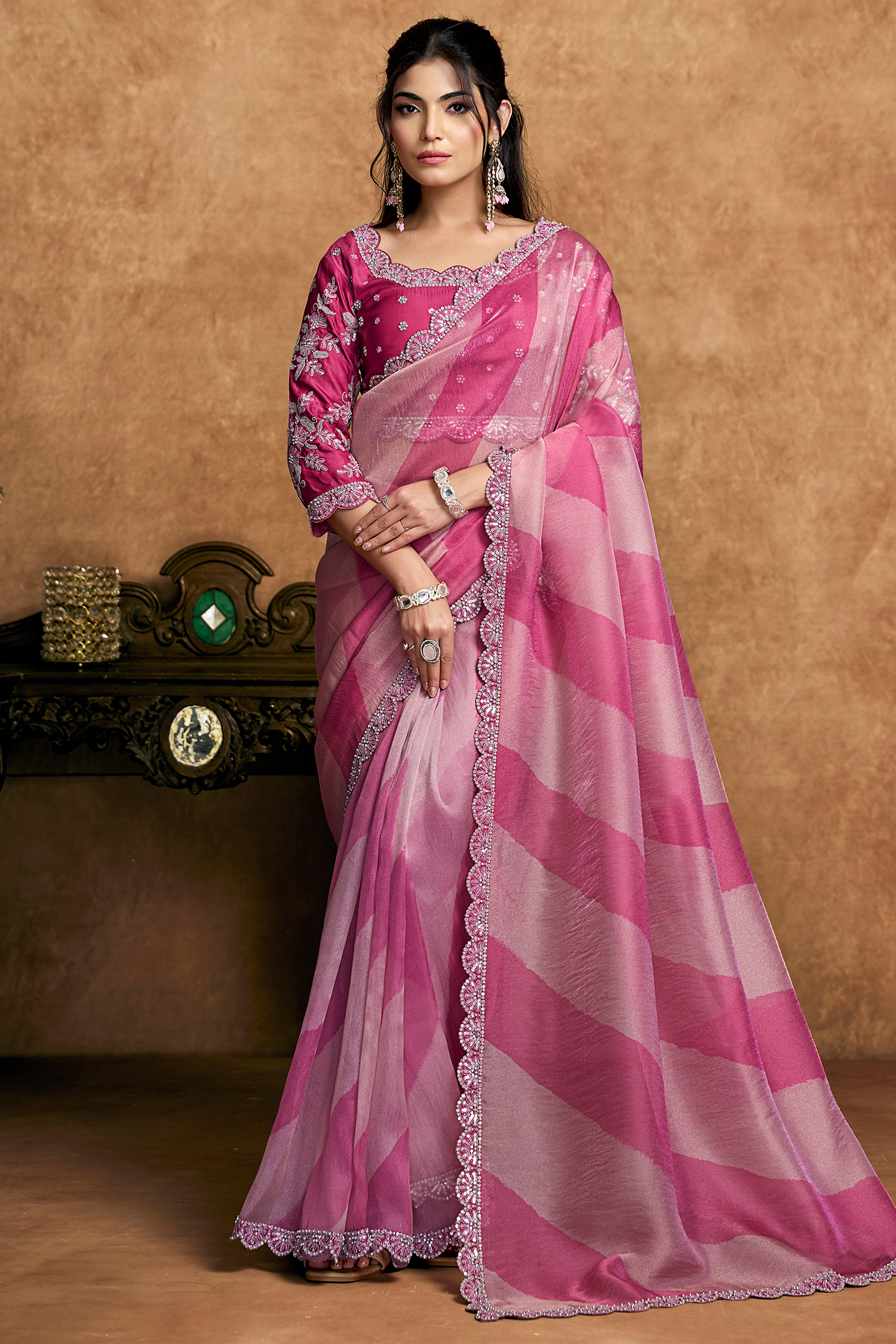 Candy Pink Lehriya Print Organza Satin Saree With Highlighted Scalloped Border