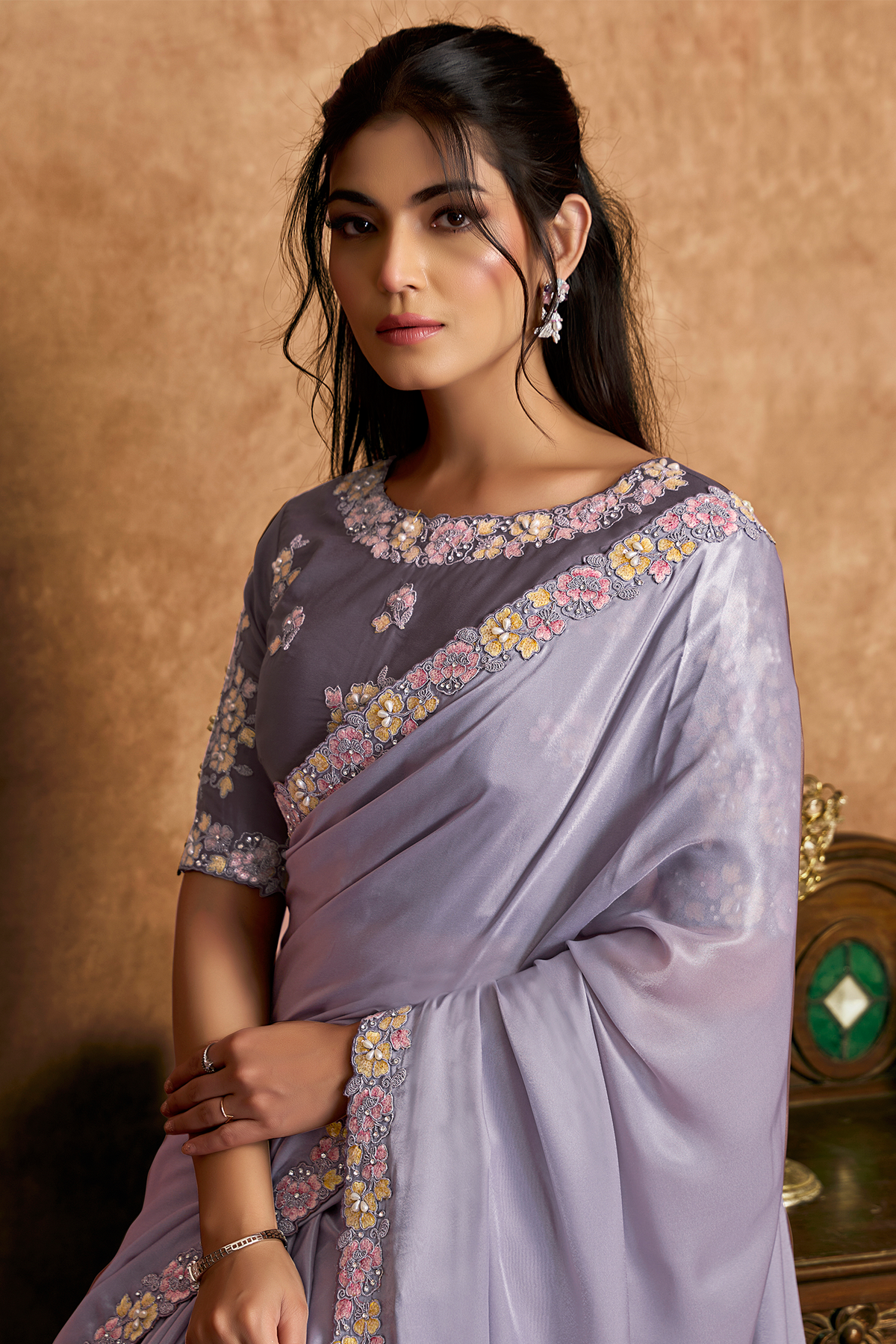 Lilac Lavender Crepe Satin Saree Detailed with Multi-Thread Embroidered Floral Motifs