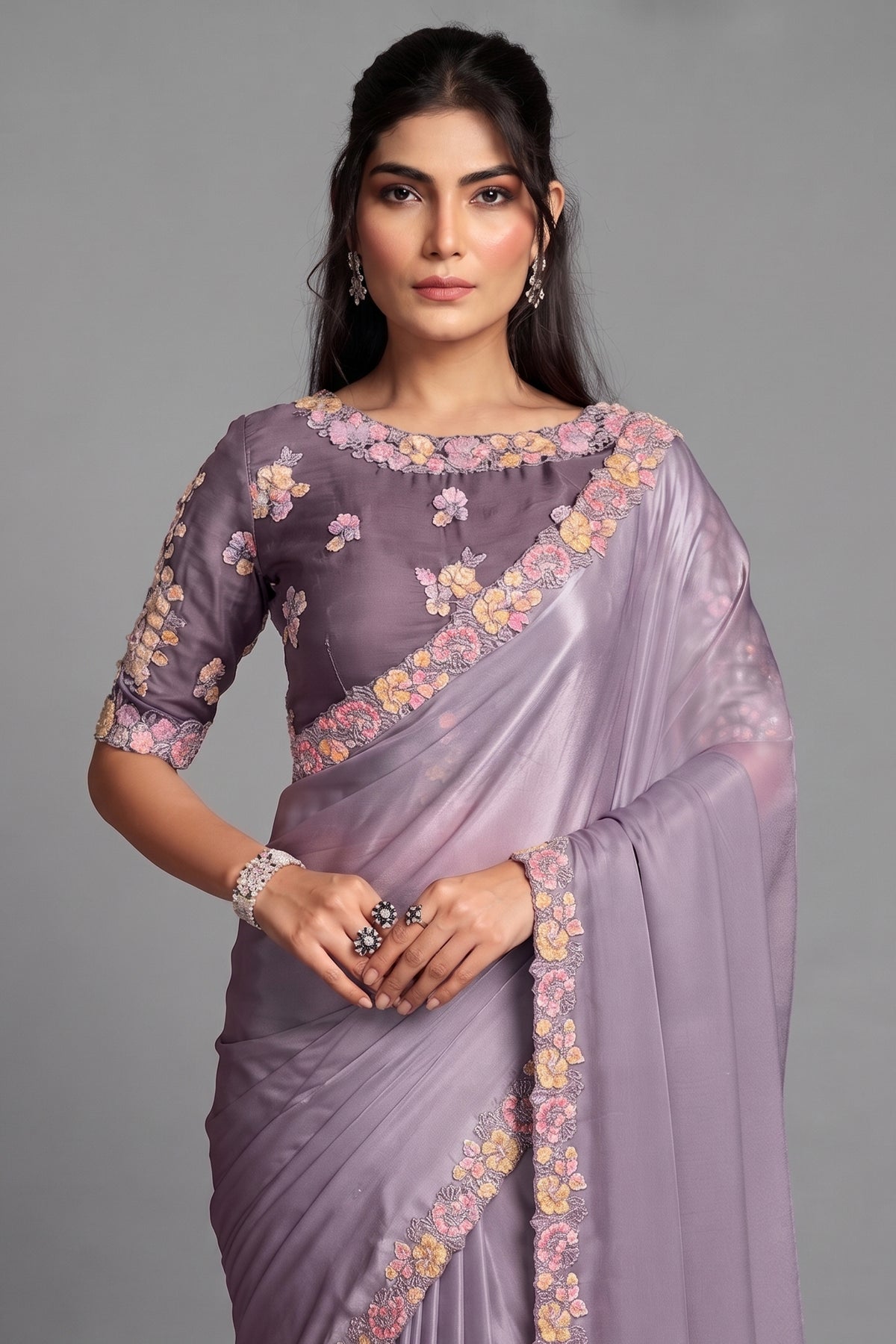 Lilac Lavender Crepe Satin Saree Detailed with Multi-Thread Embroidered Floral Motifs