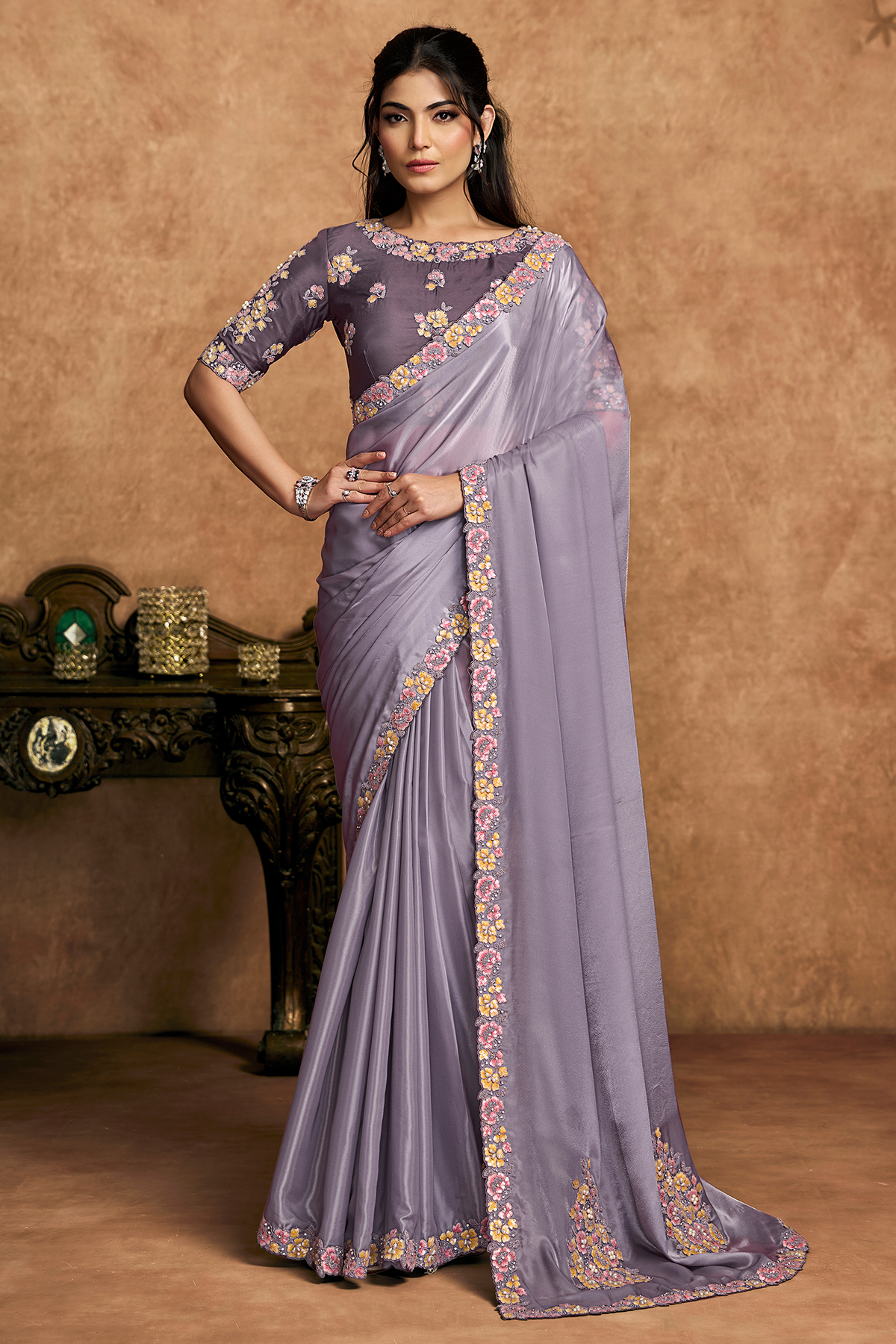 Lilac Lavender Crepe Satin Saree Detailed with Multi-Thread Embroidered Floral Motifs