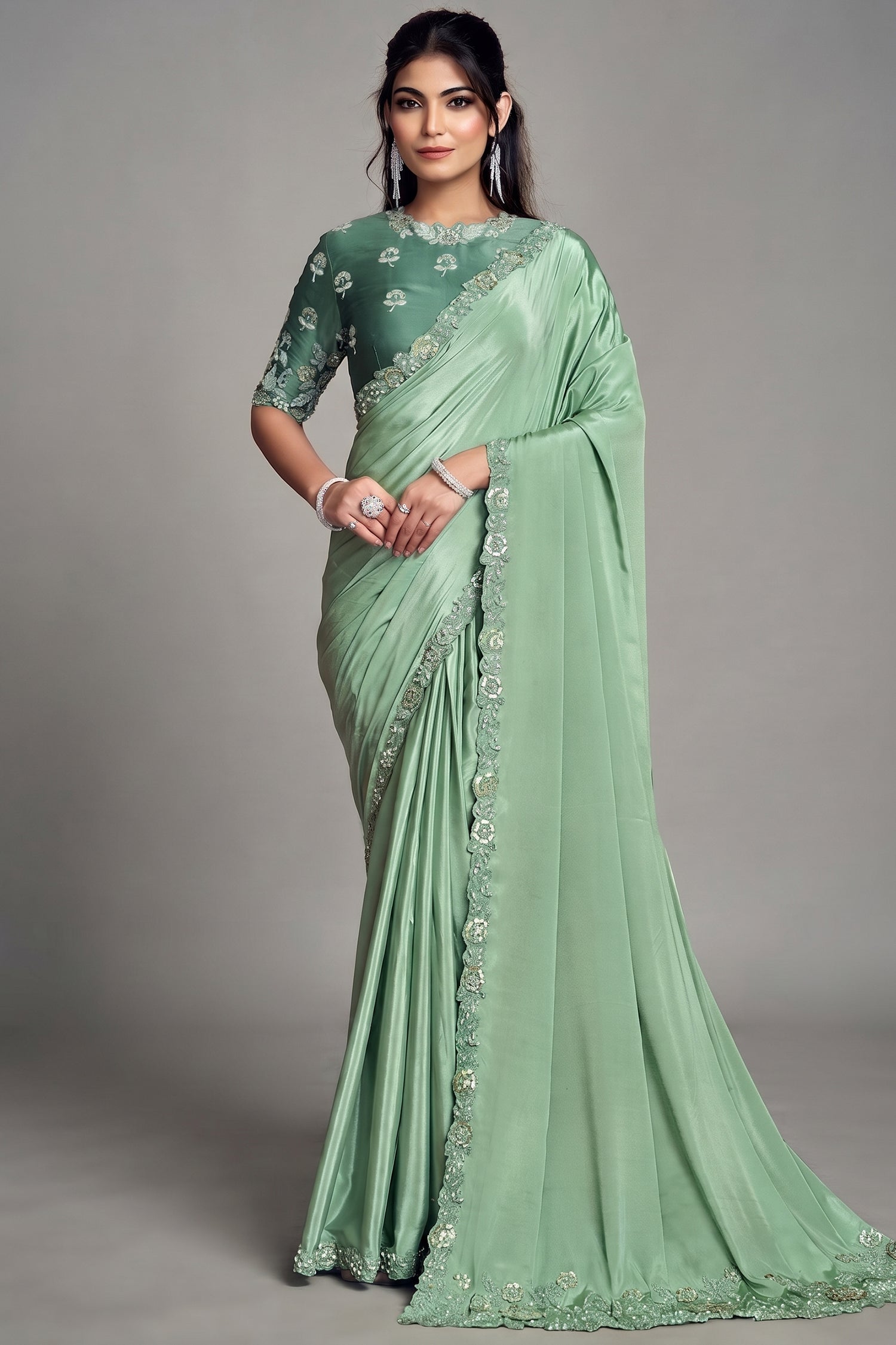 Seafoam Mint Green Crepe Satin Saree Highlighting Floral Sequin Main image