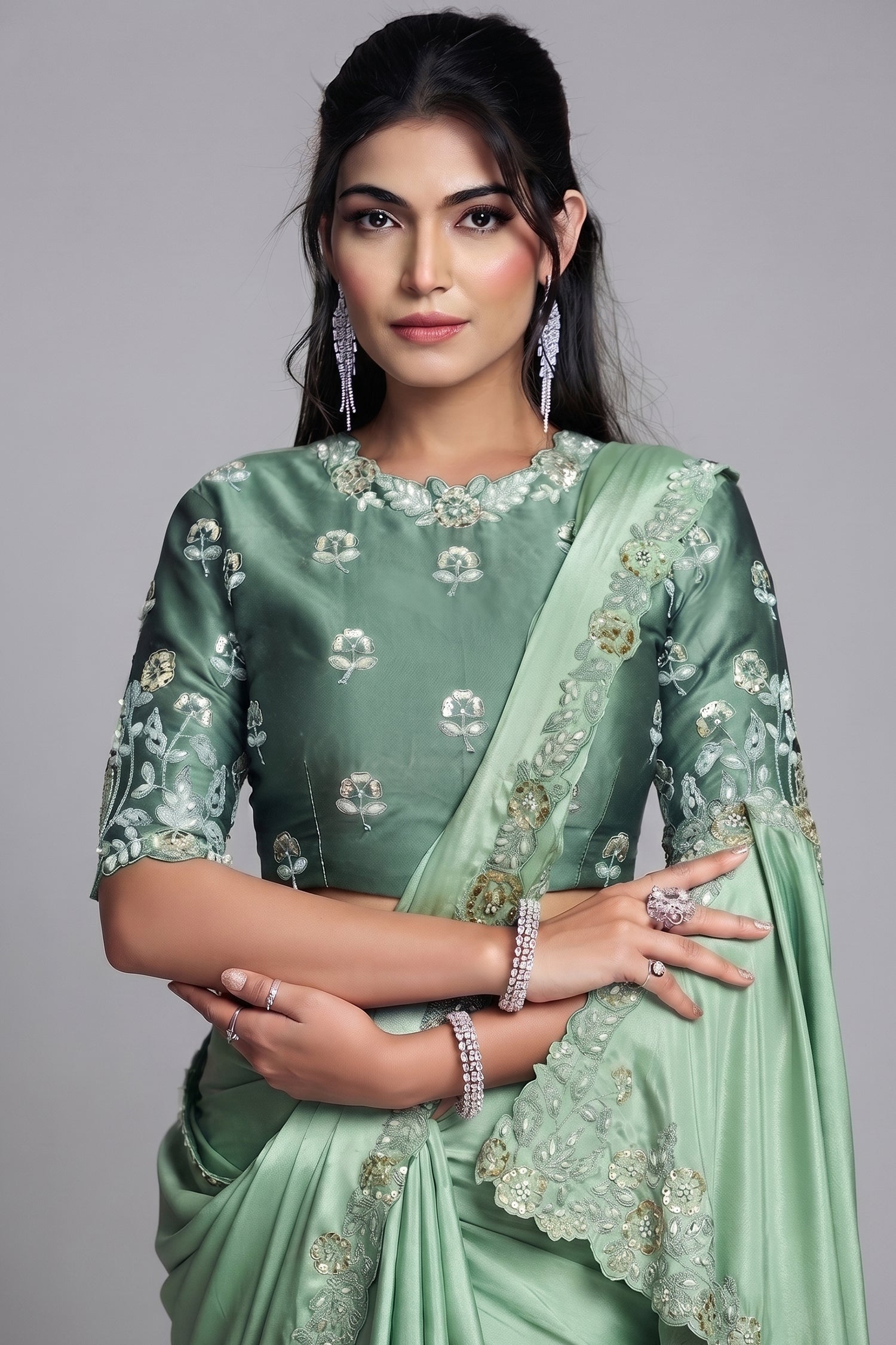 Seafoam Mint Green Crepe Satin Saree Highlighting Floral Sequin Secondary image