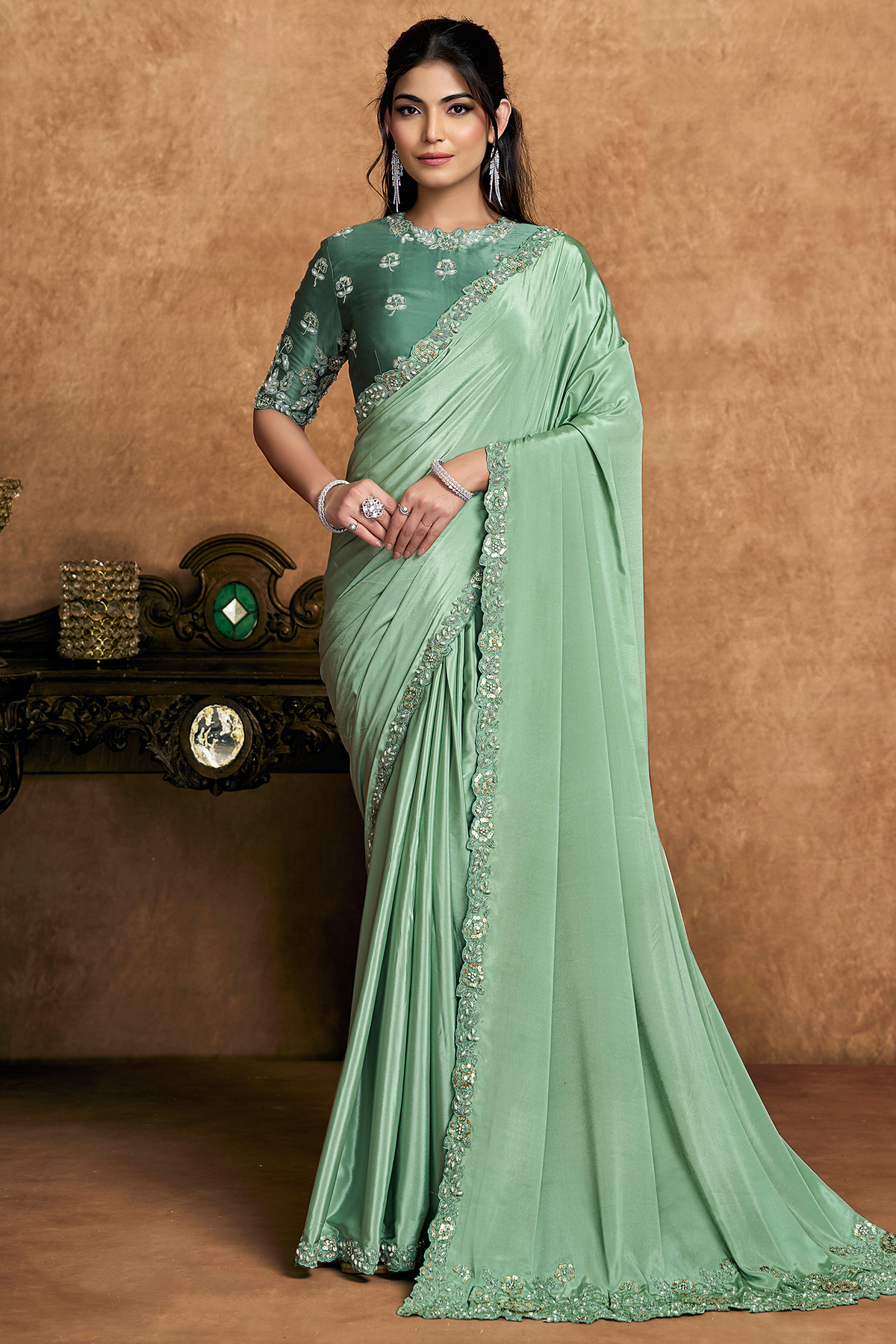Seafoam Mint Green Crepe Satin Saree Highlighting Floral Sequin