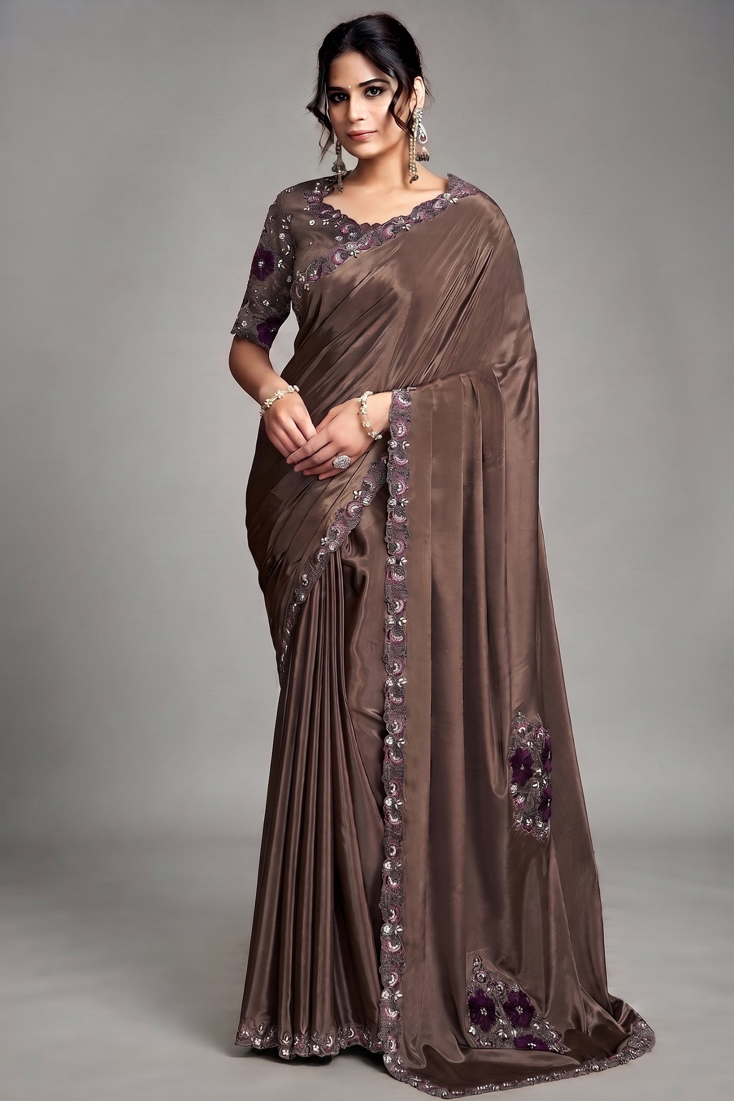 Dark Coffee Brown Lustrous Satin Saree with Applique Flower Work Main image