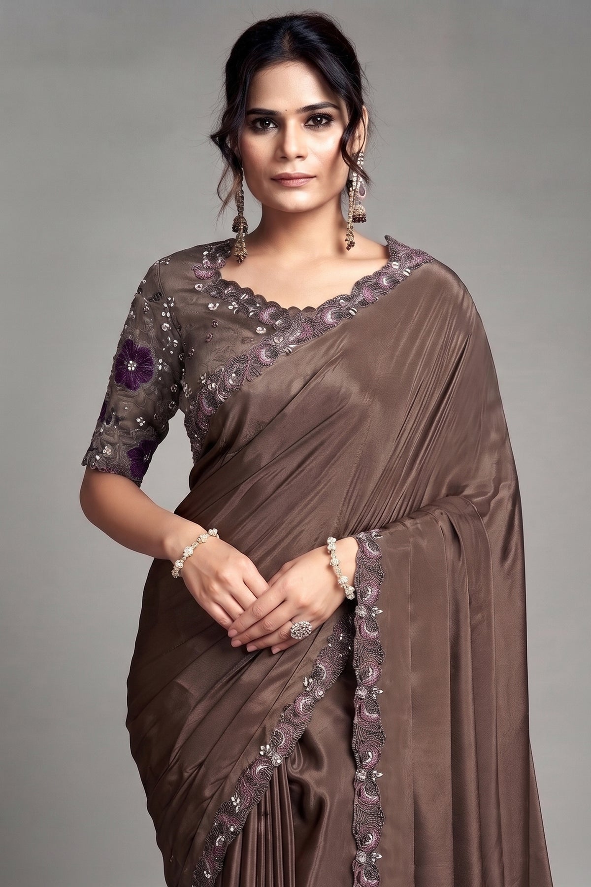 Dark Coffee Brown Lustrous Satin Saree with Applique Flower Work