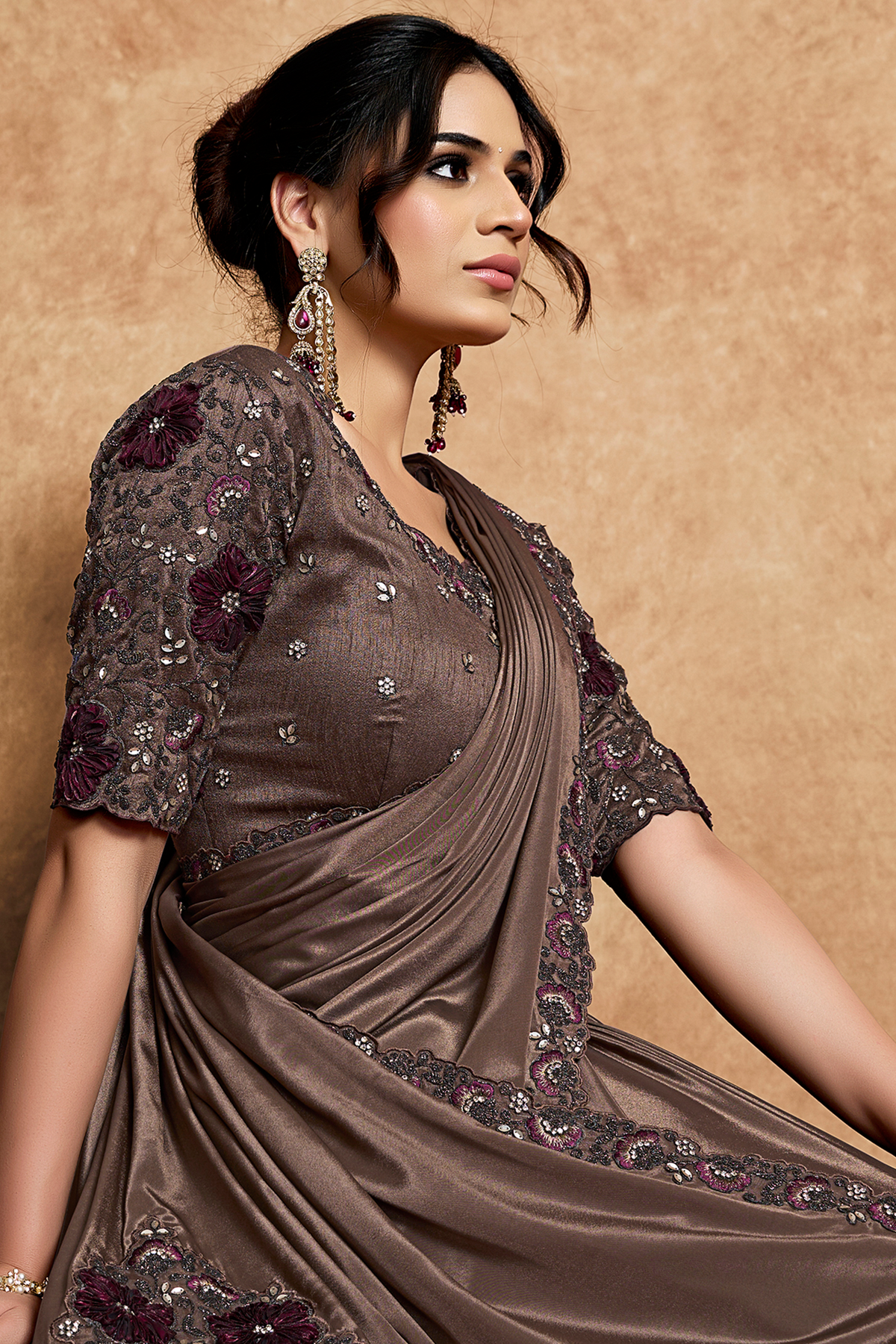 Dark Coffee Brown Lustrous Satin Saree with Applique Flower Work