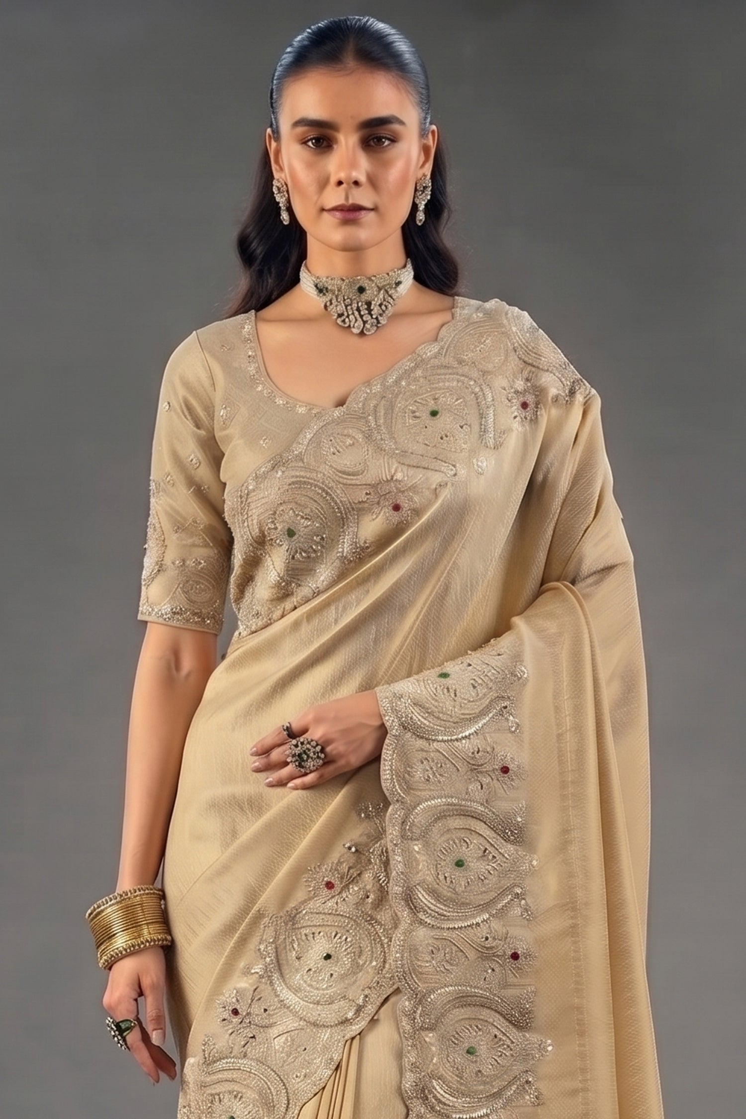 Gold Pure Kanjivaram Saree with Emerald Heavy Embroidery Secondary image