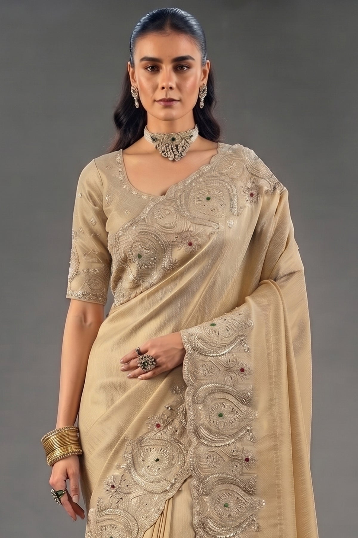 Gold Pure Kanjivaram Saree with Emerald Heavy Embroidery