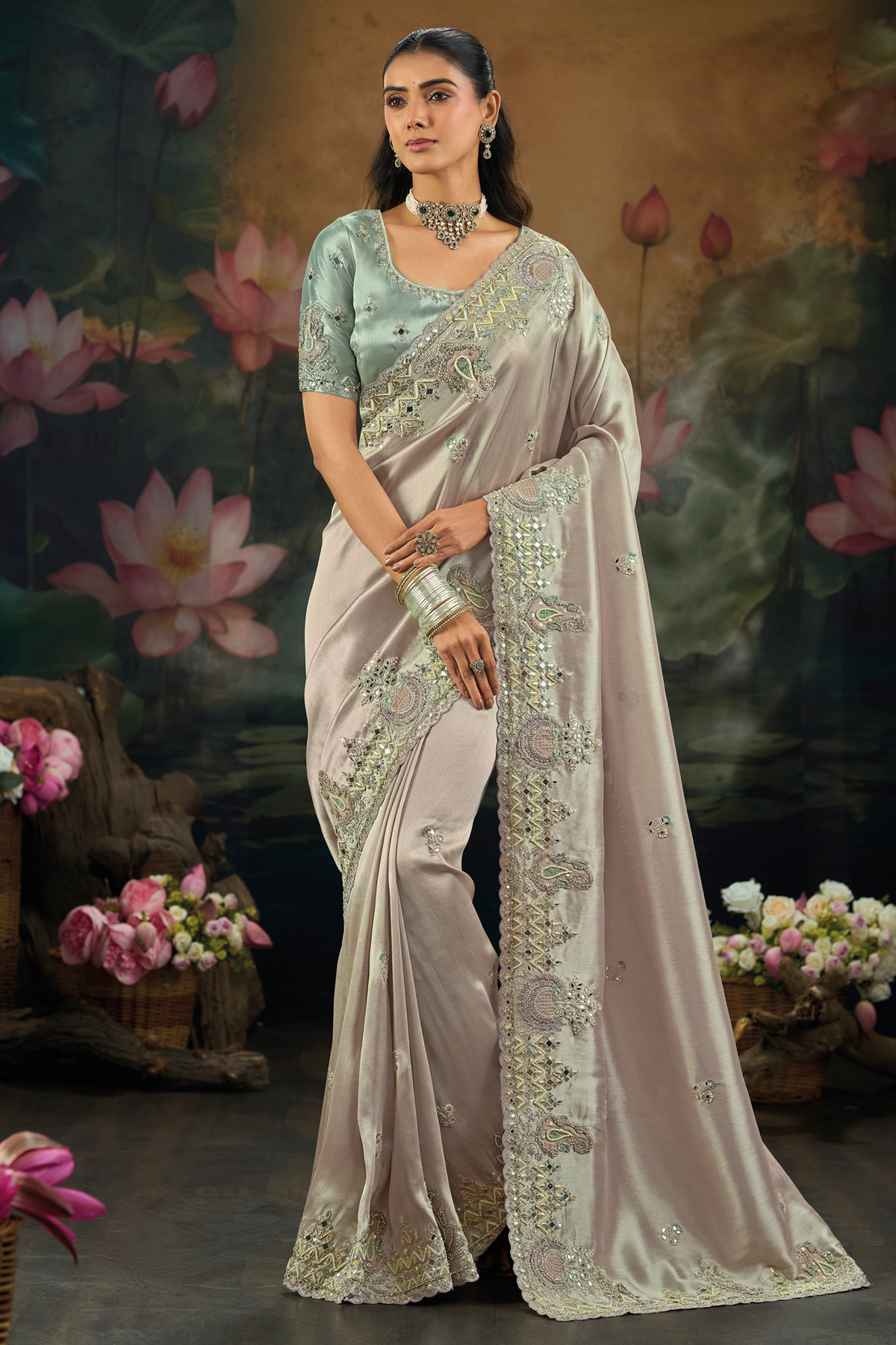 Silvery Lavender Silk Saree with Mirror Border