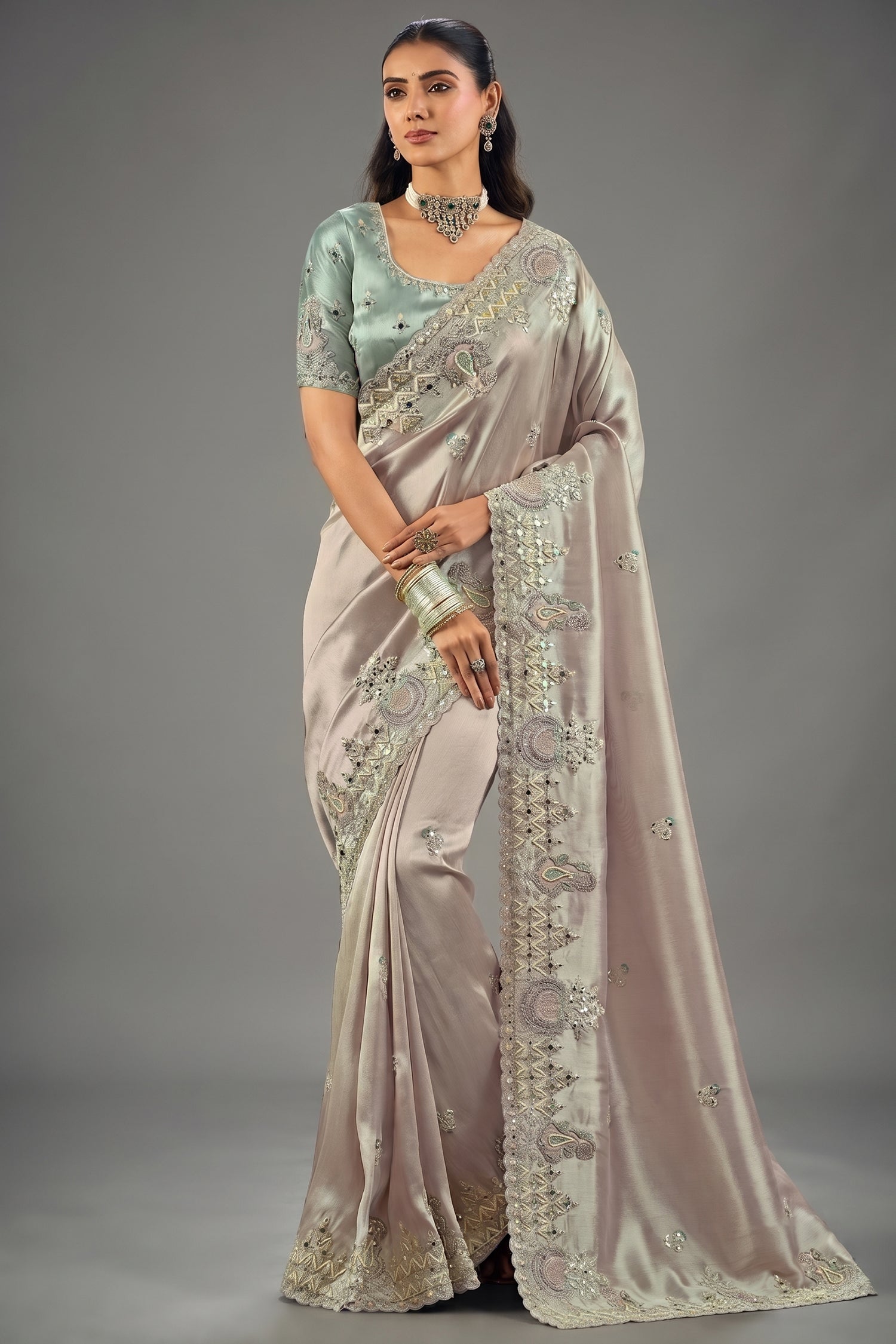 Silvery Lavender Silk Saree with Mirror Border Main image