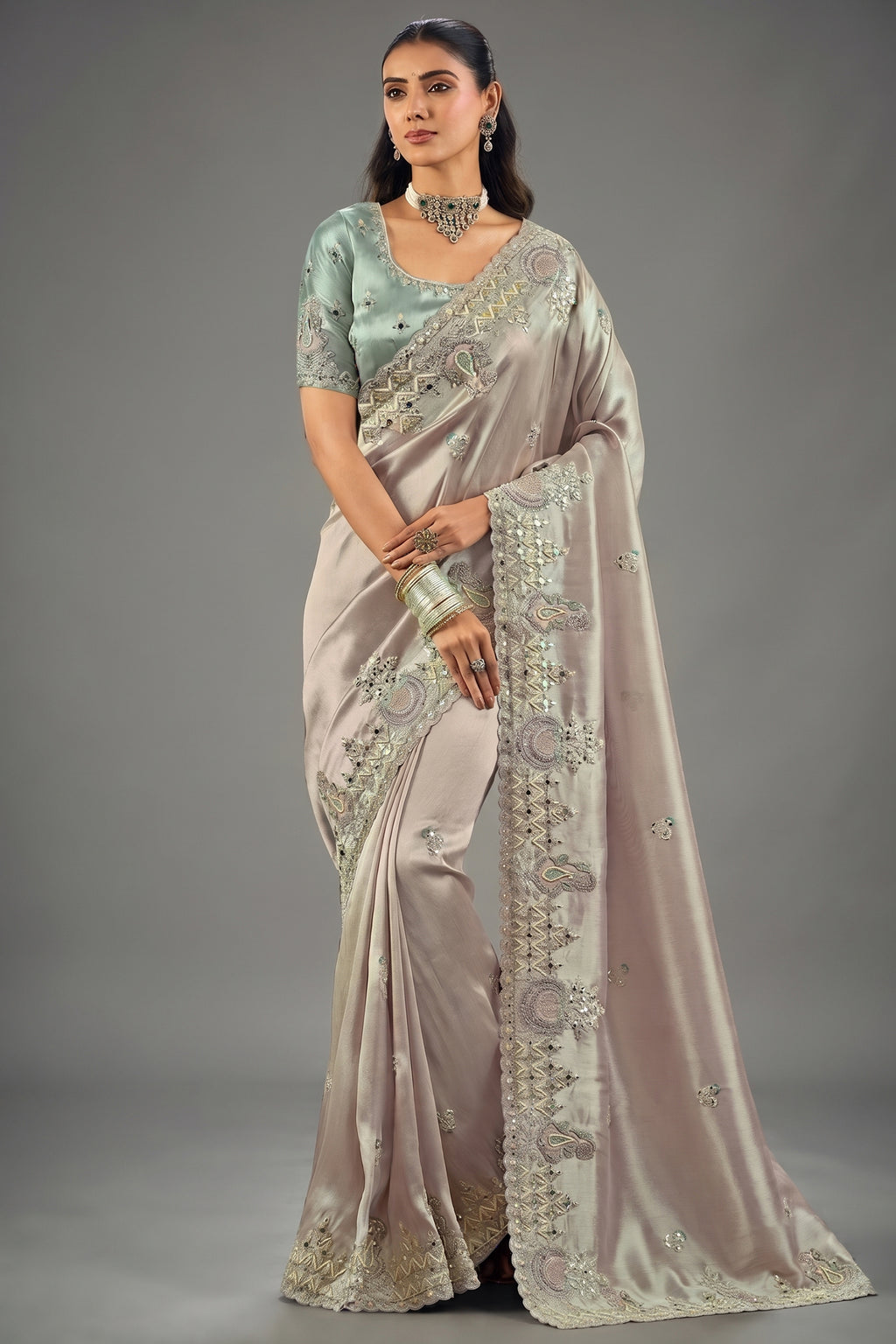 Silvery Lavender Silk Saree with Mirror Border