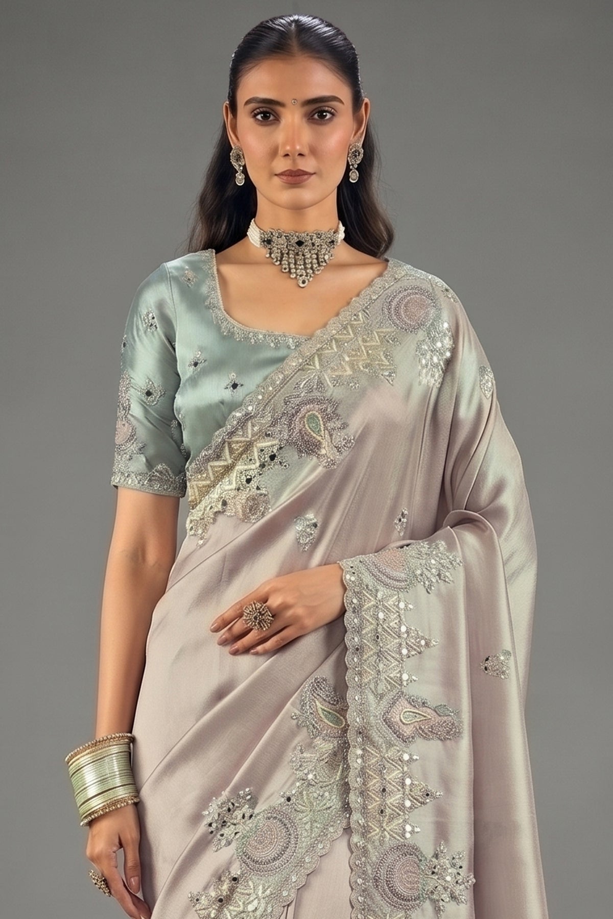 Silvery Lavender Silk Saree with Mirror Border