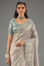 Silvery Lavender Silk Saree with Mirror Border
