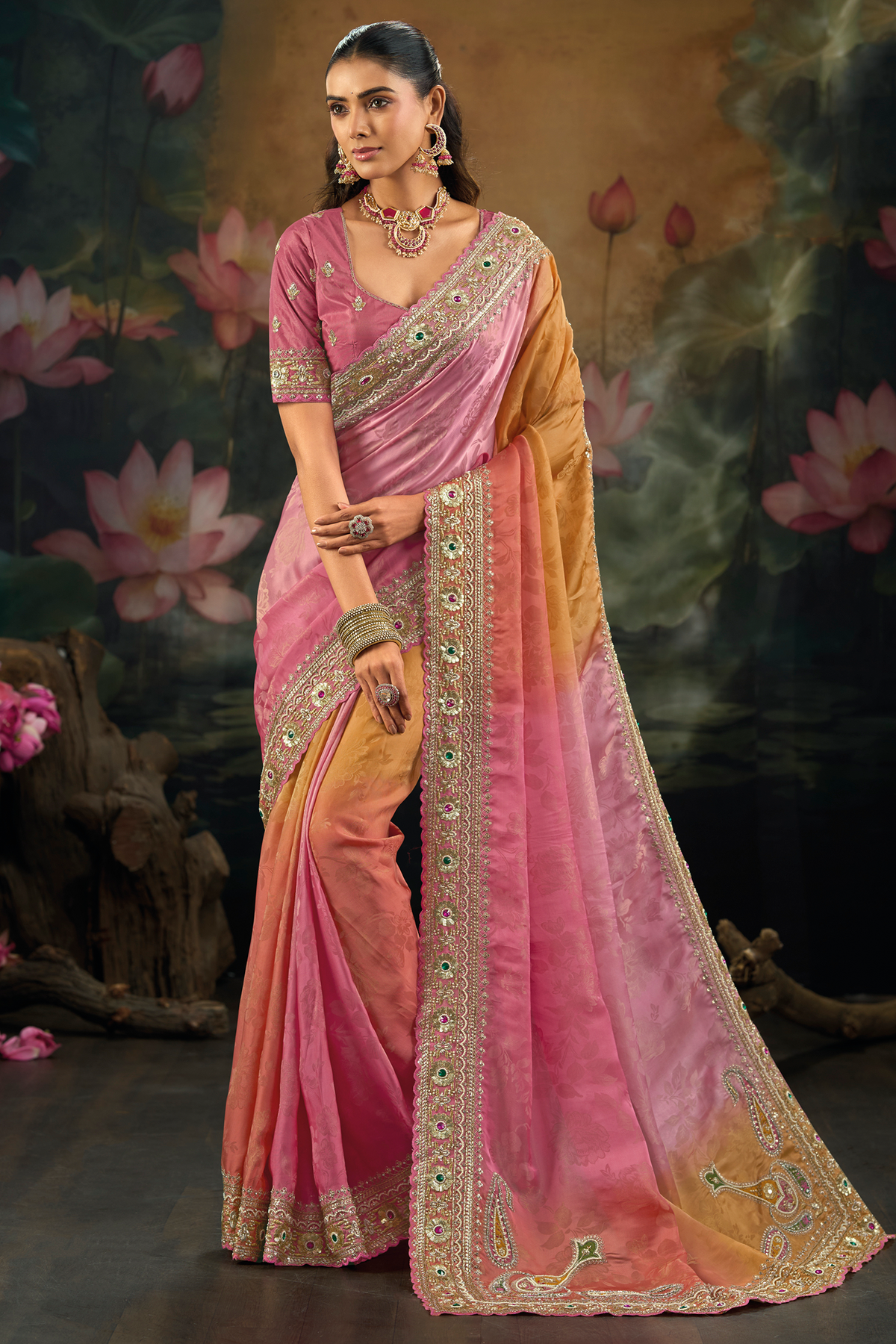 Multi Tone Ombre Crepe Saree with Emerald Heavy Work