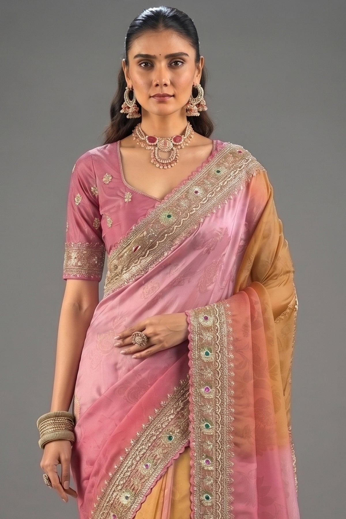 Multi Tone Ombre Crepe Saree with Emerald Heavy Work