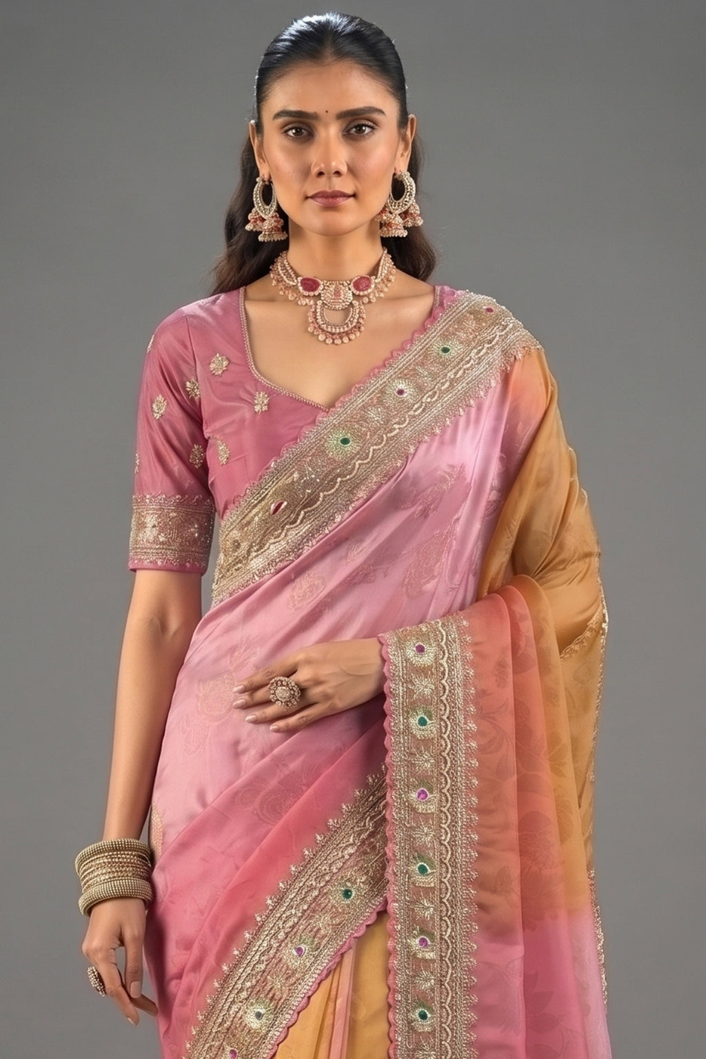 Multi Tone Ombre Crepe Saree with Emerald Heavy Work