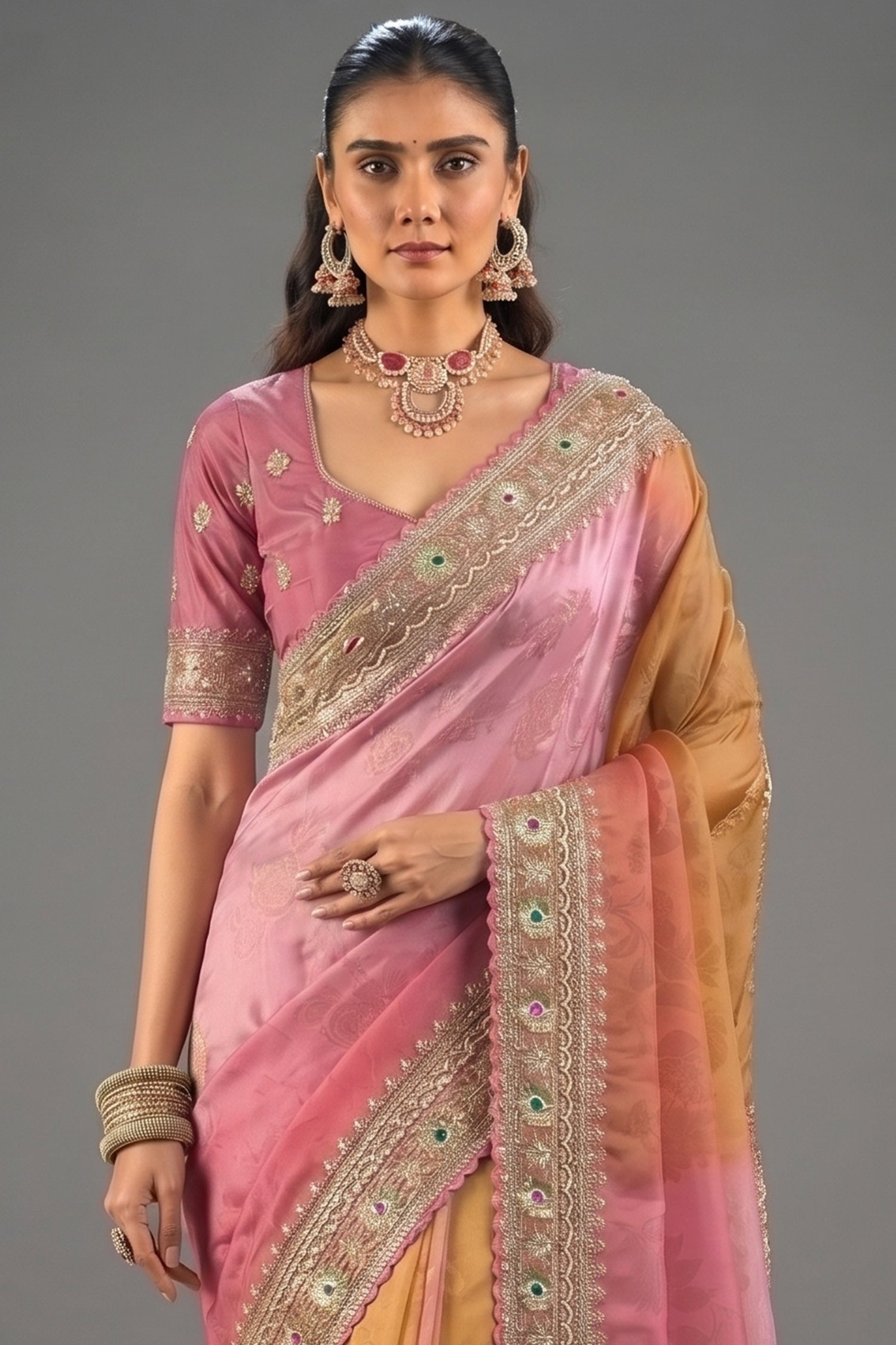 Multi Tone Ombre Crepe Saree with Emerald Heavy Work