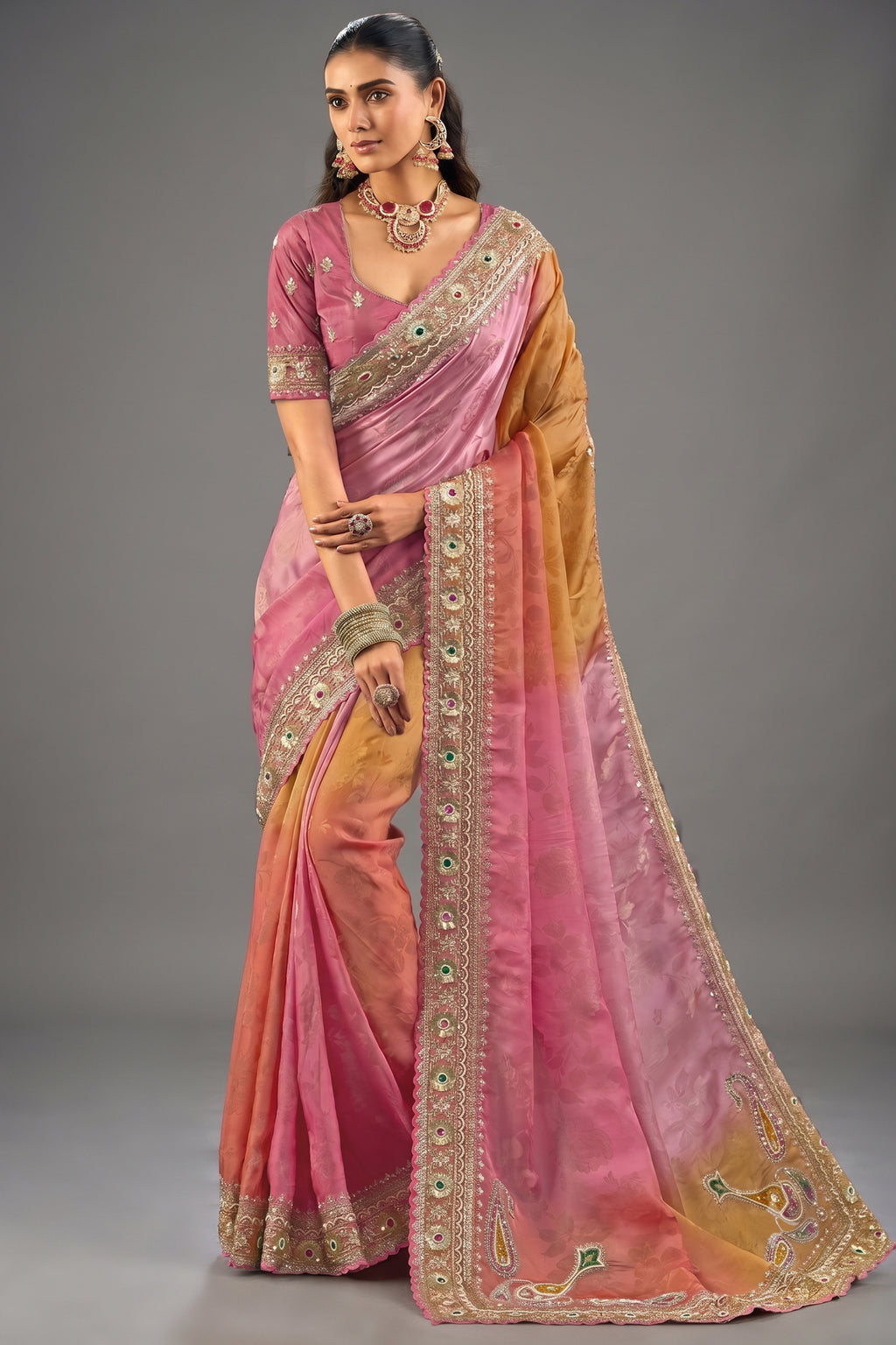 Multi Tone Ombre Crepe Saree with Emerald Heavy Work