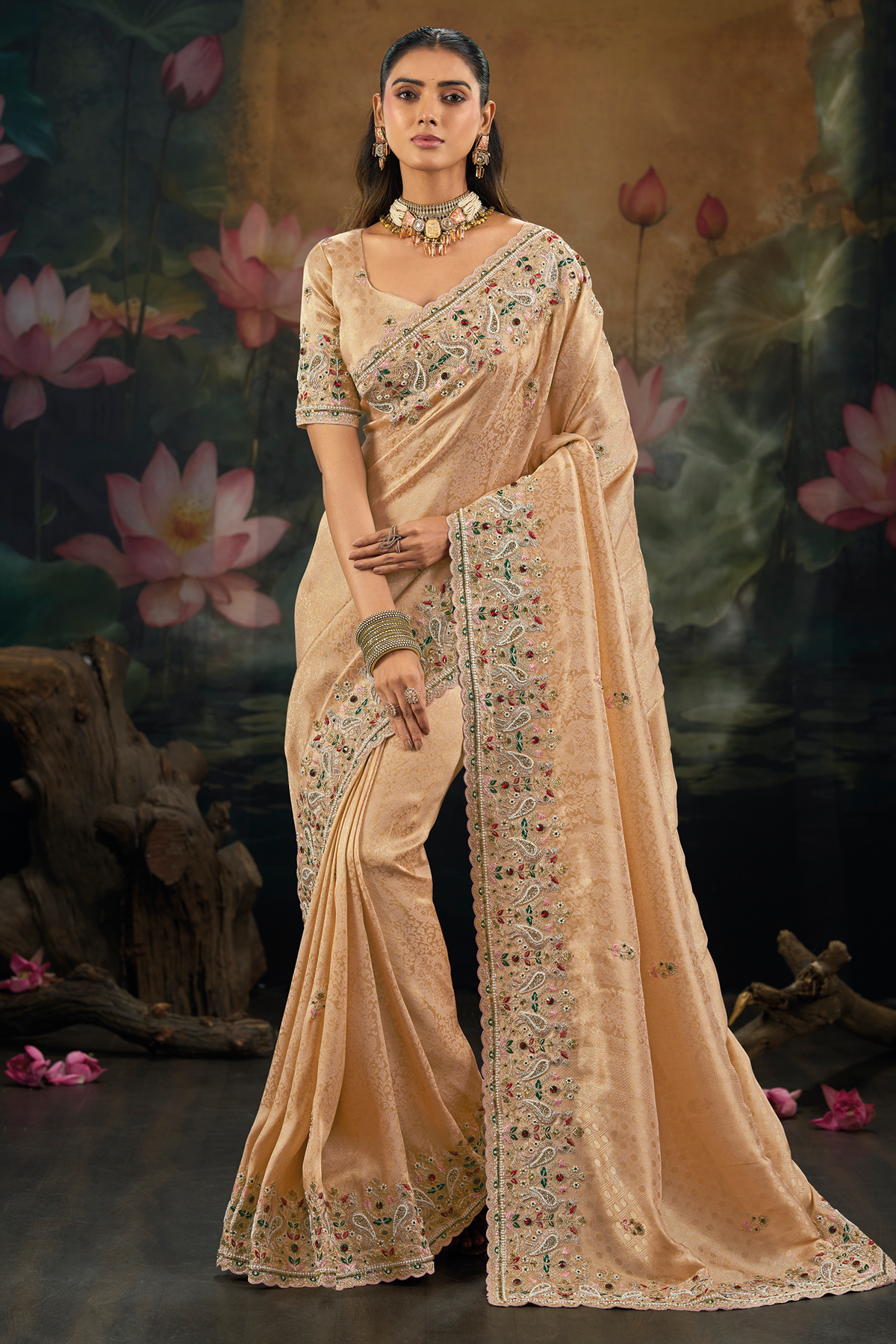 Champagne Peach Kanjivaram Silk Saree with Emerald Paisley Border