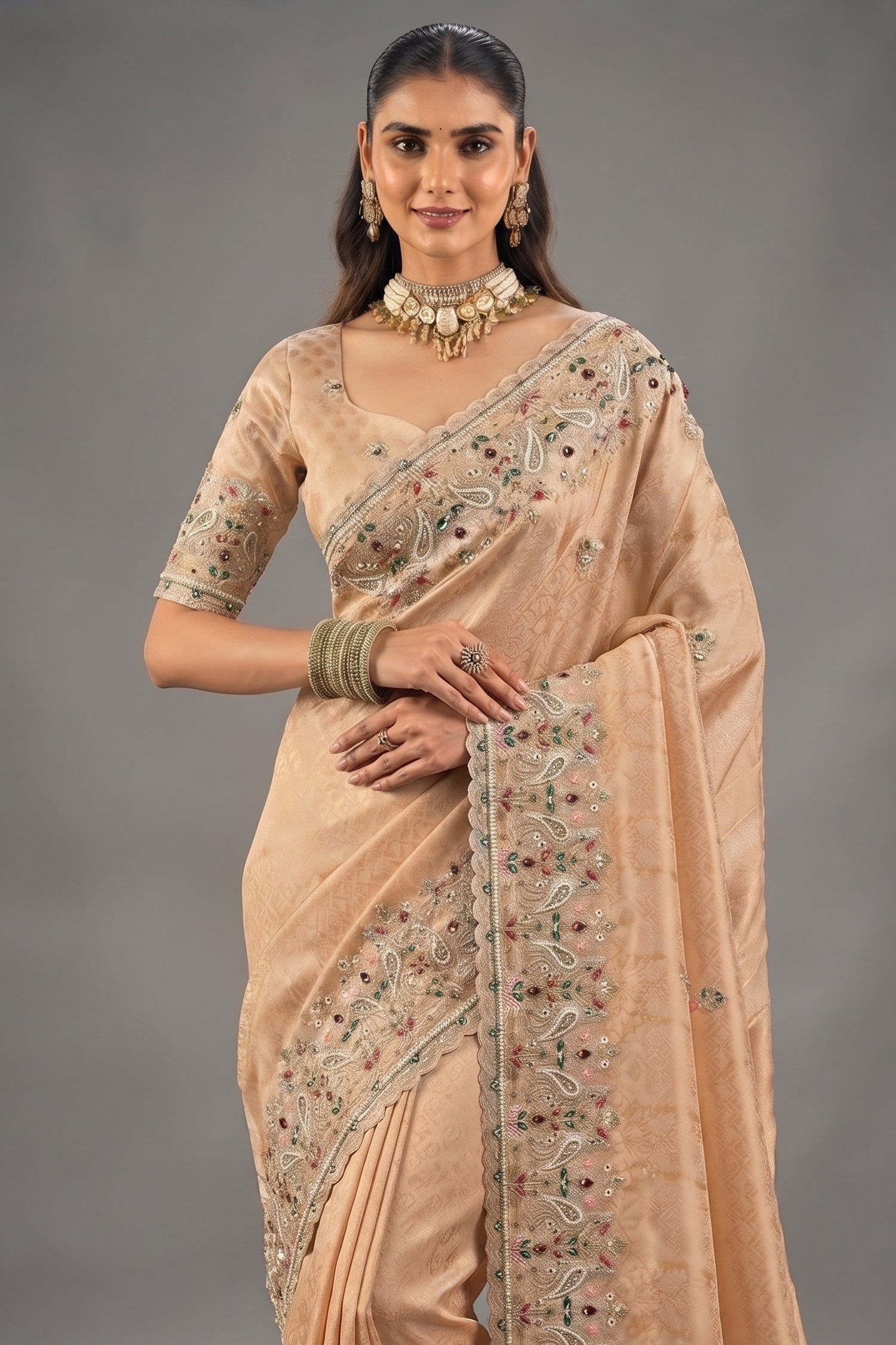 Champagne Peach Kanjivaram Silk Saree with Emerald Paisley Border Secondary image