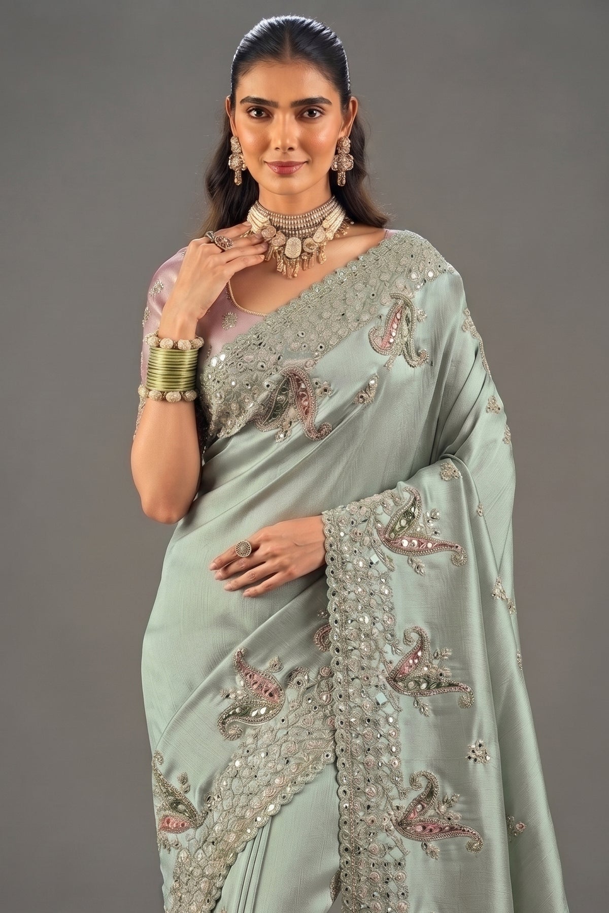 Pista Mint Green Silk Saree Adorned With Mirror Embellishment