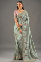 Pista Mint Green Silk Saree Adorned With Mirror Embellishment