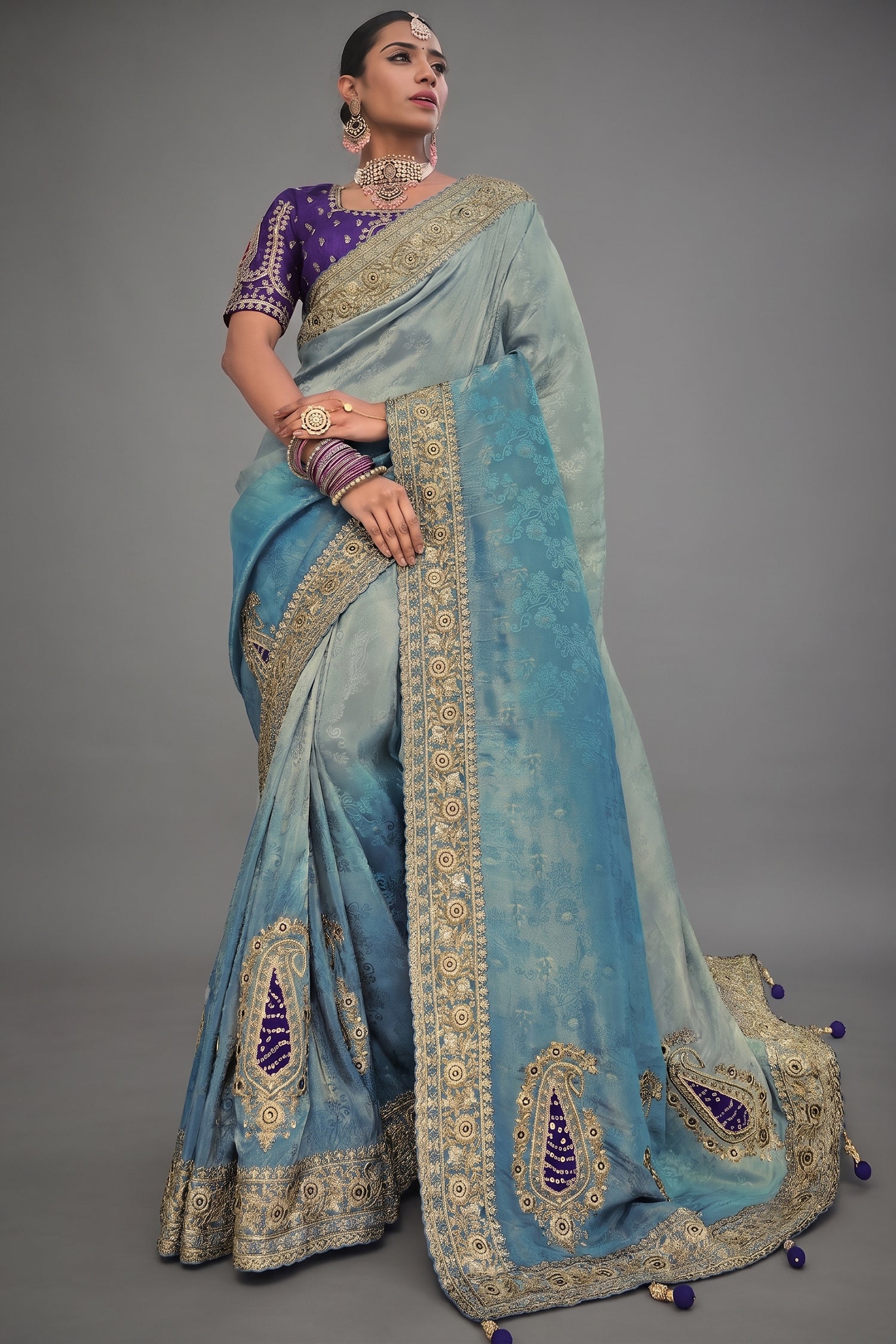 Grey to Blue Ombre Crepe Jacquard Saree with Jarkan Hand Work Main image