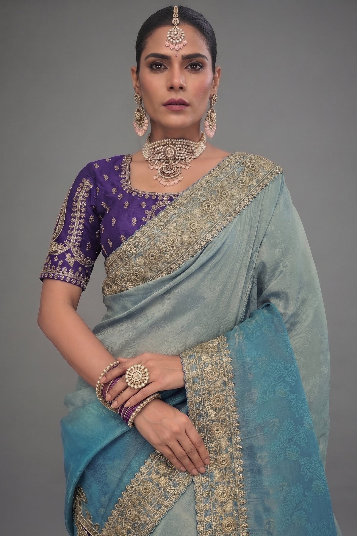 Grey to Blue Ombre Crepe Jacquard Saree with Jarkan Hand Work
