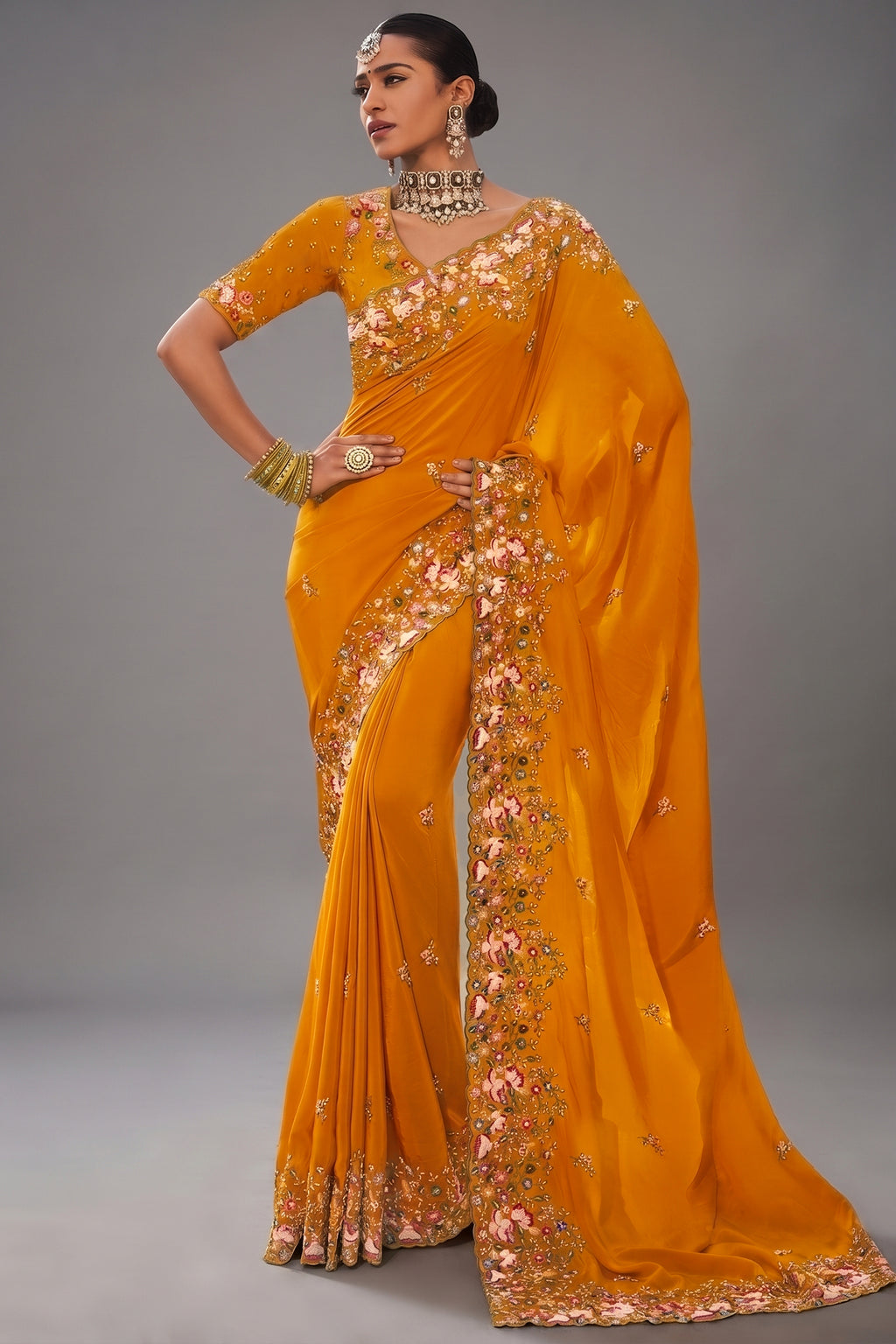 Deep Mustard Yellow Crepe Saree with Resham Thread Border