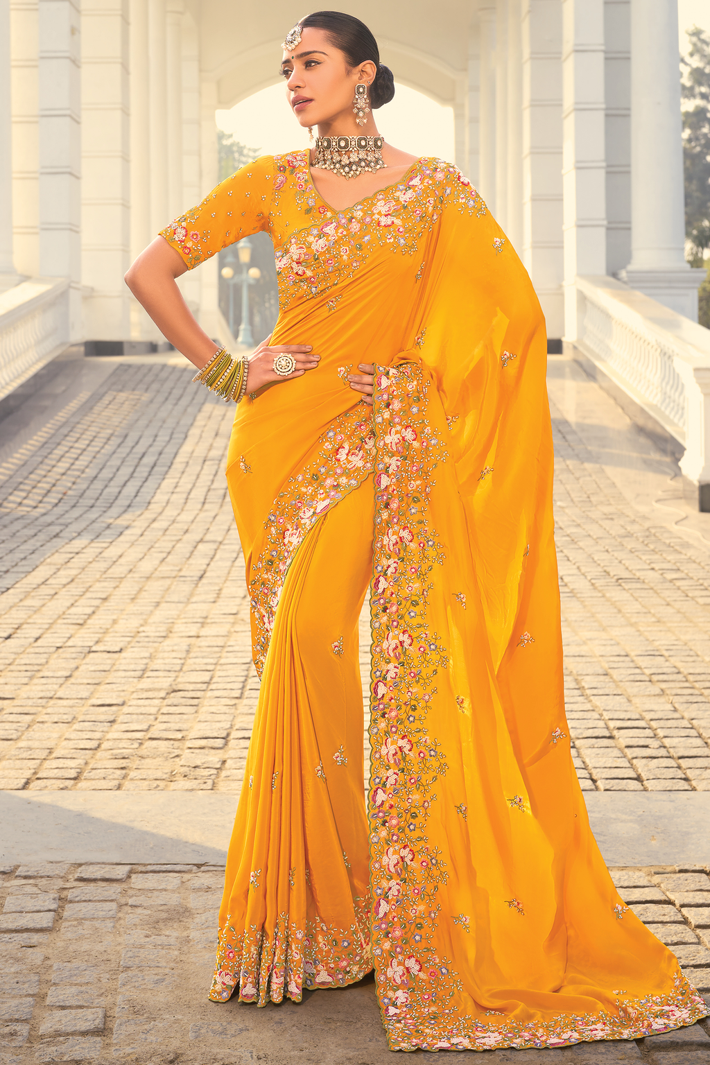 Deep Mustard Yellow Crepe Saree with Resham Thread Border