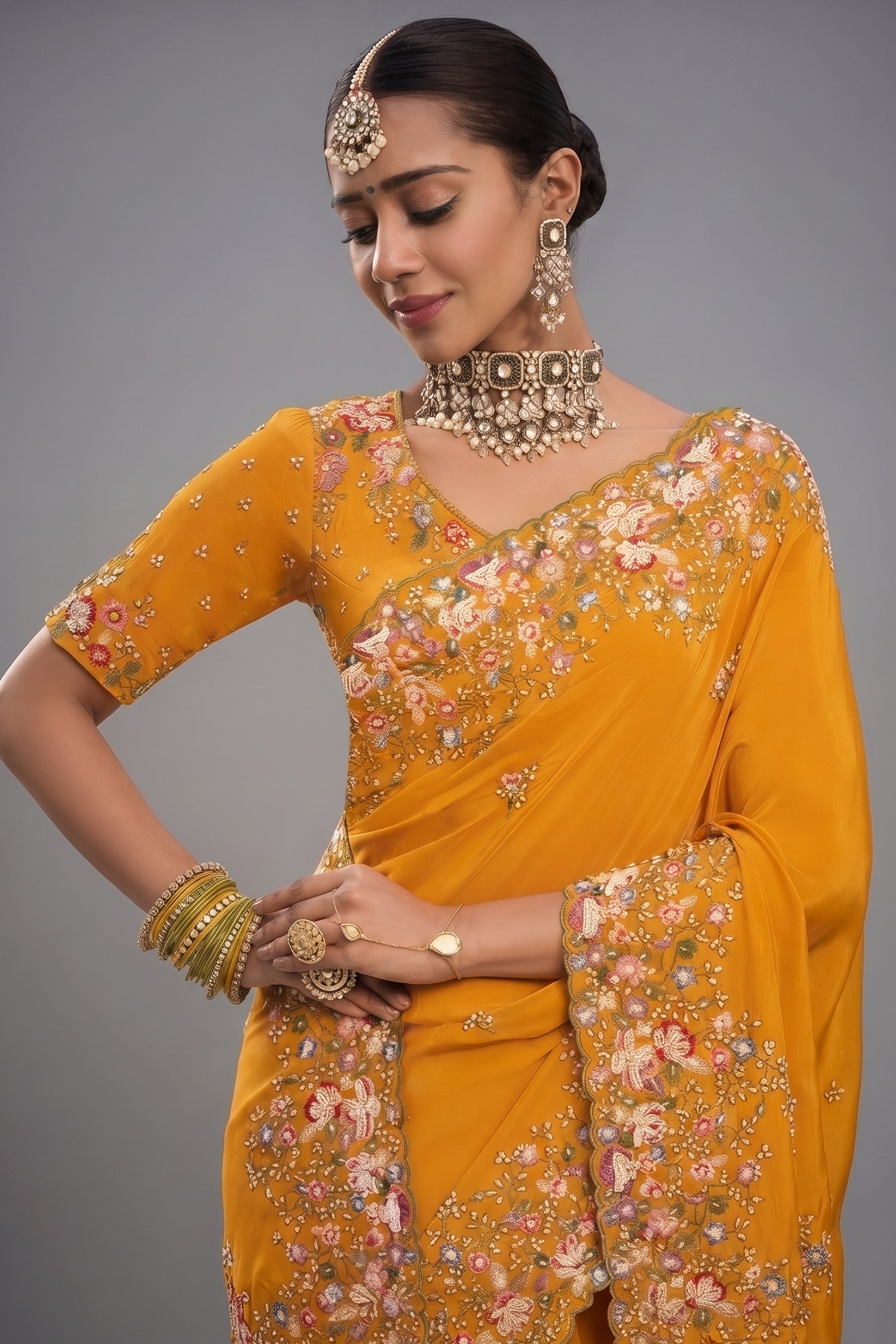 Deep Mustard Yellow Crepe Saree with Resham Thread Border