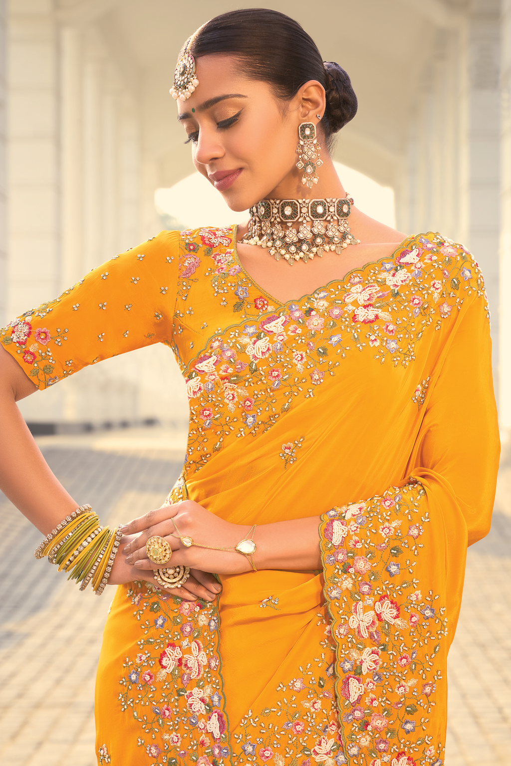Deep Mustard Yellow Crepe Saree with Resham Thread Border