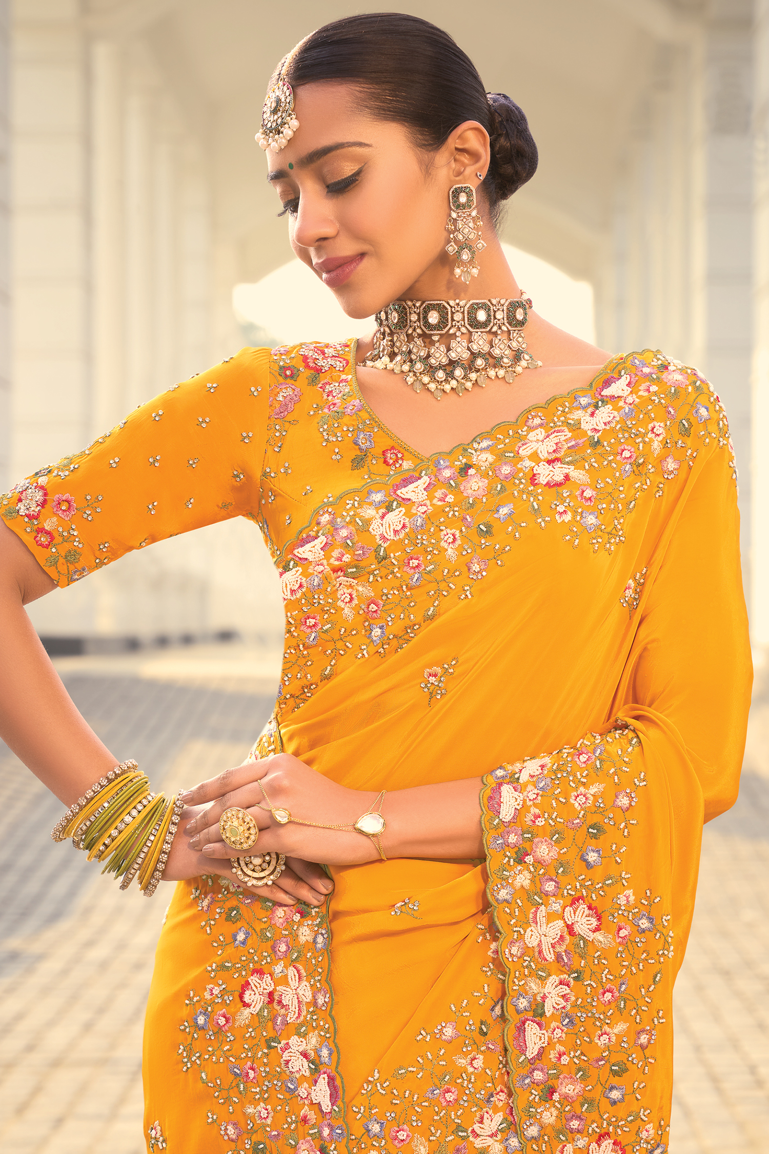 Deep Mustard Yellow Crepe Saree with Resham Thread Border