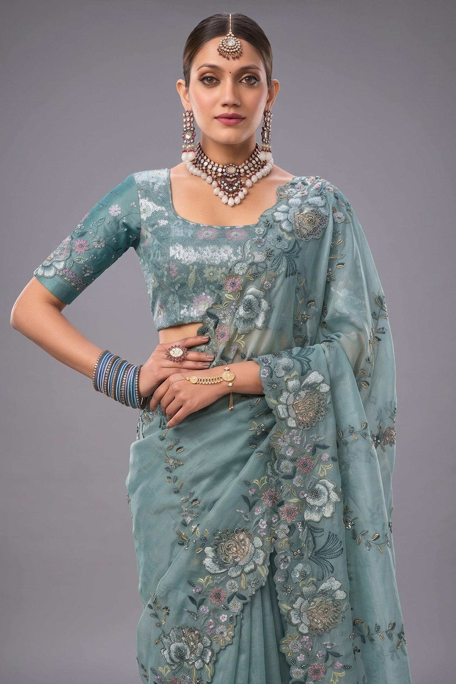 Slate Sea Green Organza Saree with Jarkan Border Secondary image