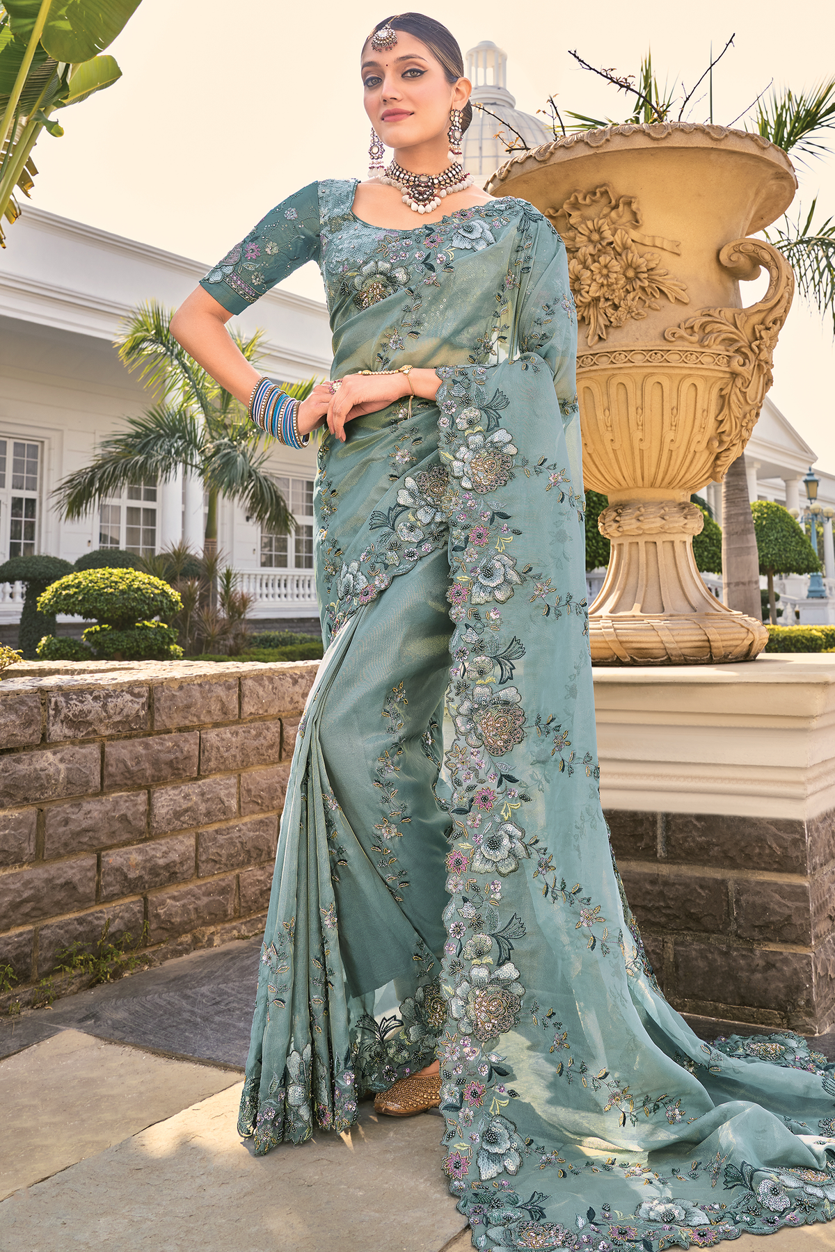 Slate Sea Green Organza Saree with Jarkan Border