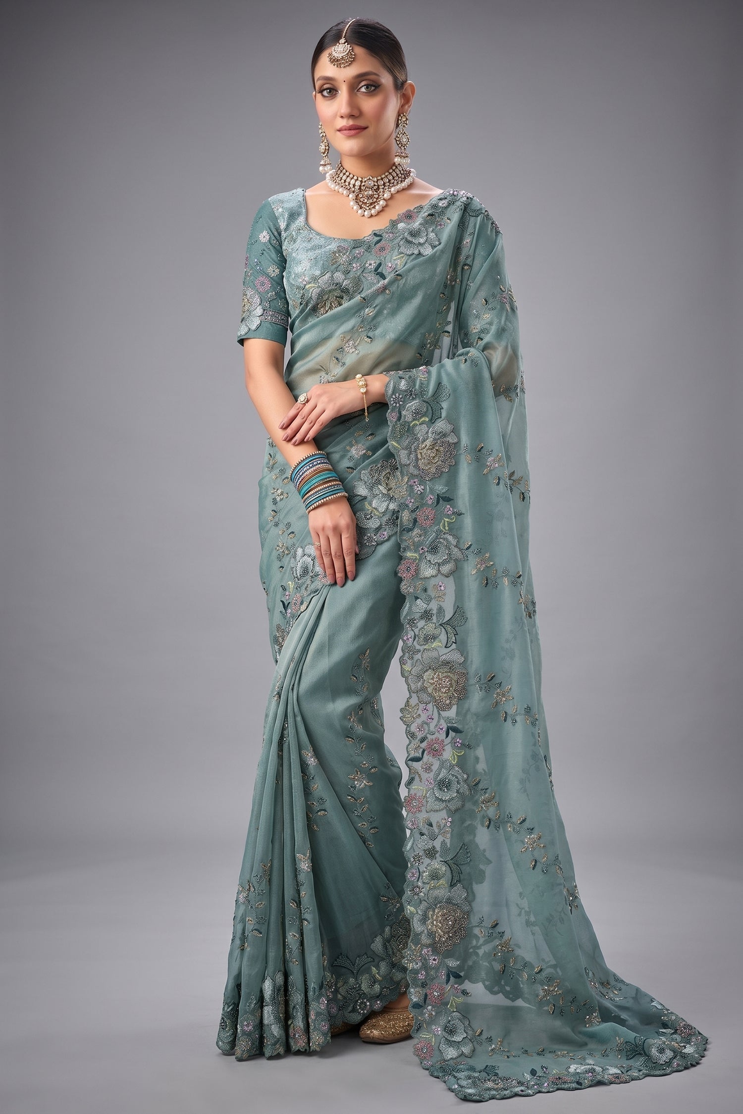 Slate Sea Green Organza Saree with Jarkan Border Main image