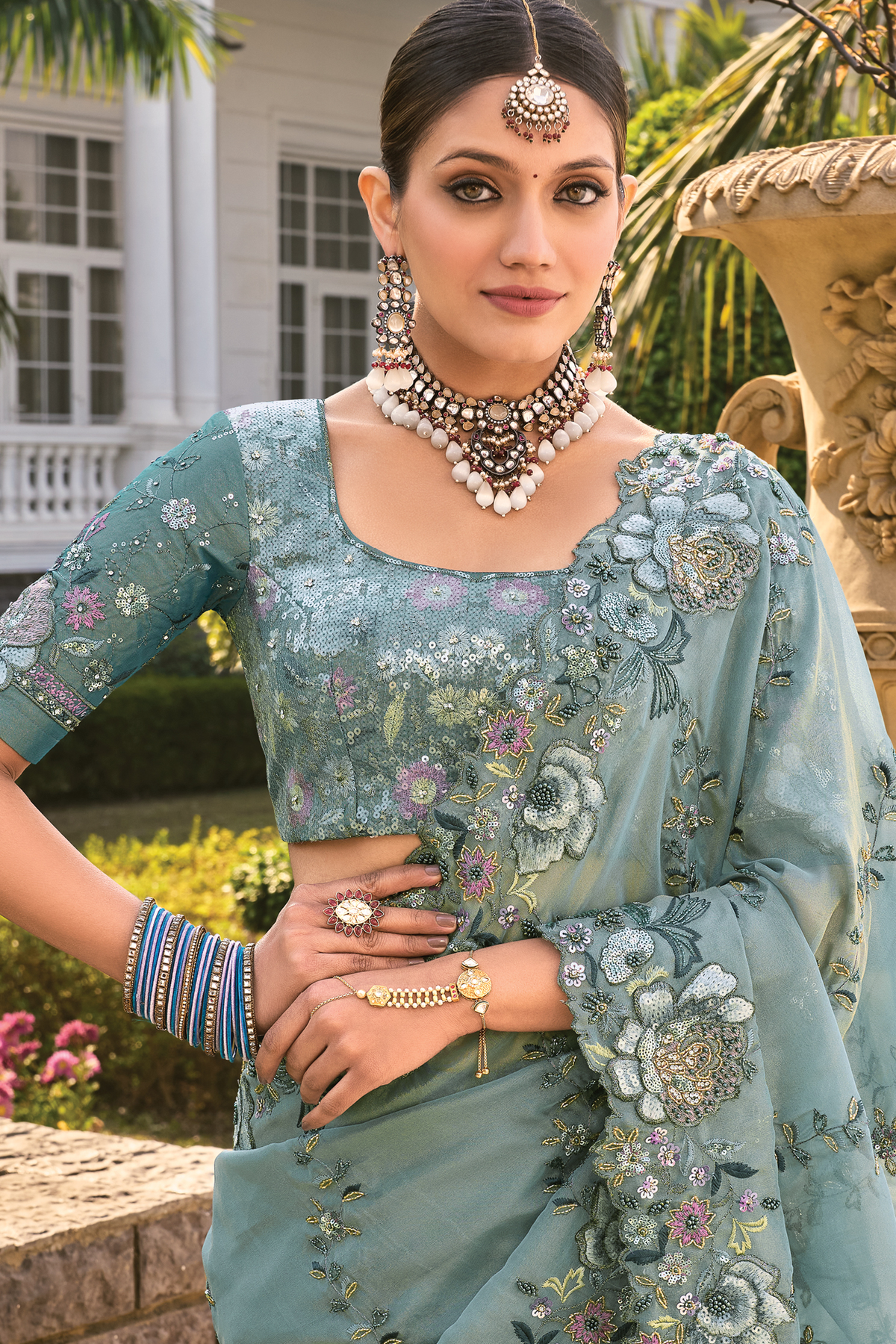 Slate Sea Green Organza Saree with Jarkan Border