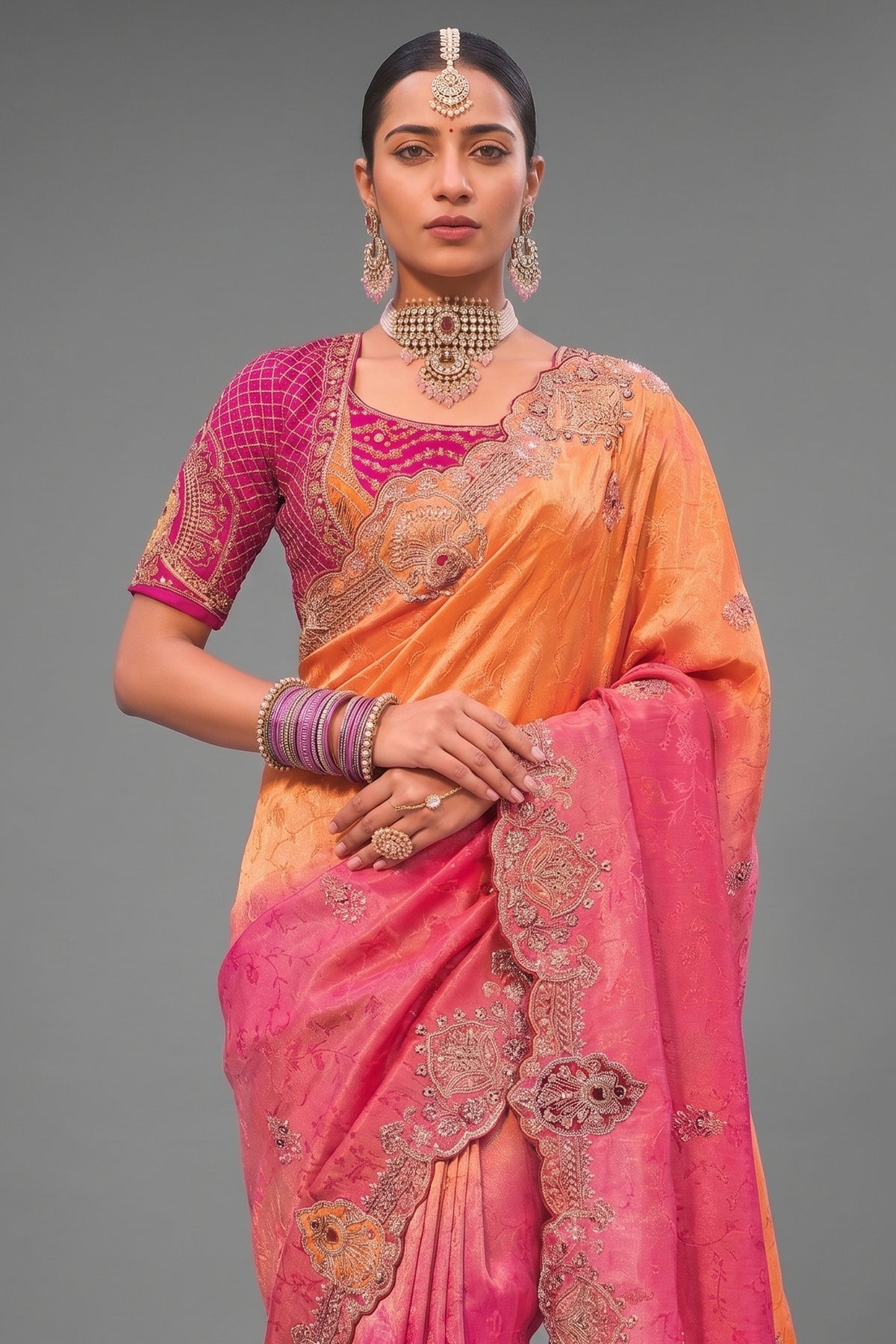 Orange To Rani Pink Gradient Crepe Jacquard Saree Highlighting Pearl Embellishment