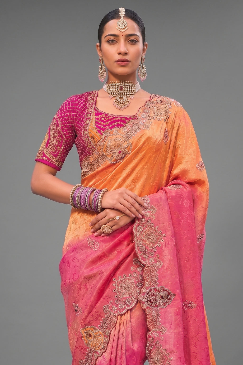 Orange To Rani Pink Gradient Crepe Jacquard Saree Highlighting Pearl Embellishment