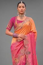 Orange To Rani Pink Gradient Crepe Jacquard Saree Highlighting Pearl Embellishment