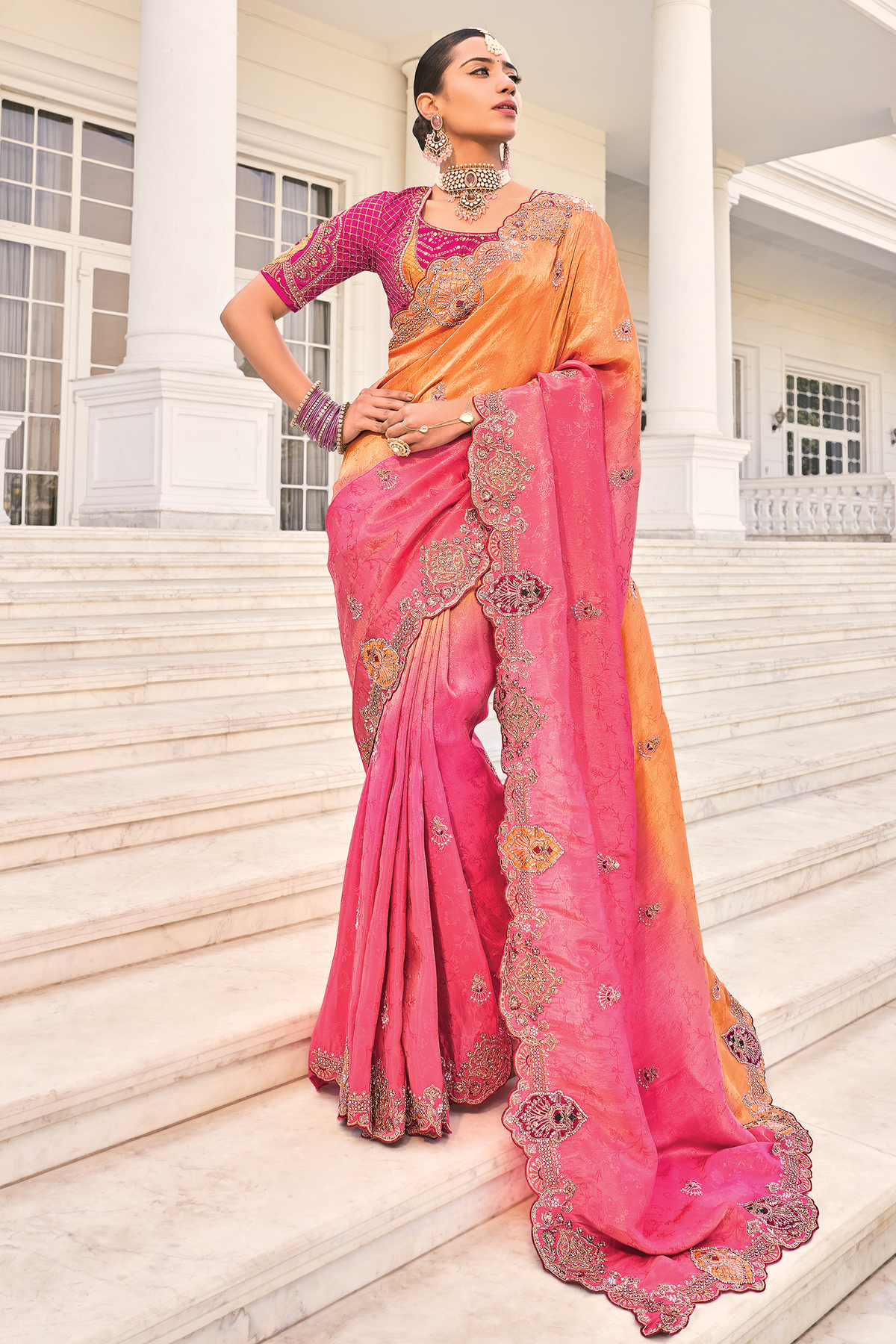 Orange To Rani Pink Gradient Crepe Jacquard Saree Highlighting Pearl Embellishment