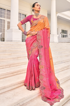 Orange To Rani Pink Gradient Crepe Jacquard Saree Highlighting Pearl Embellishment