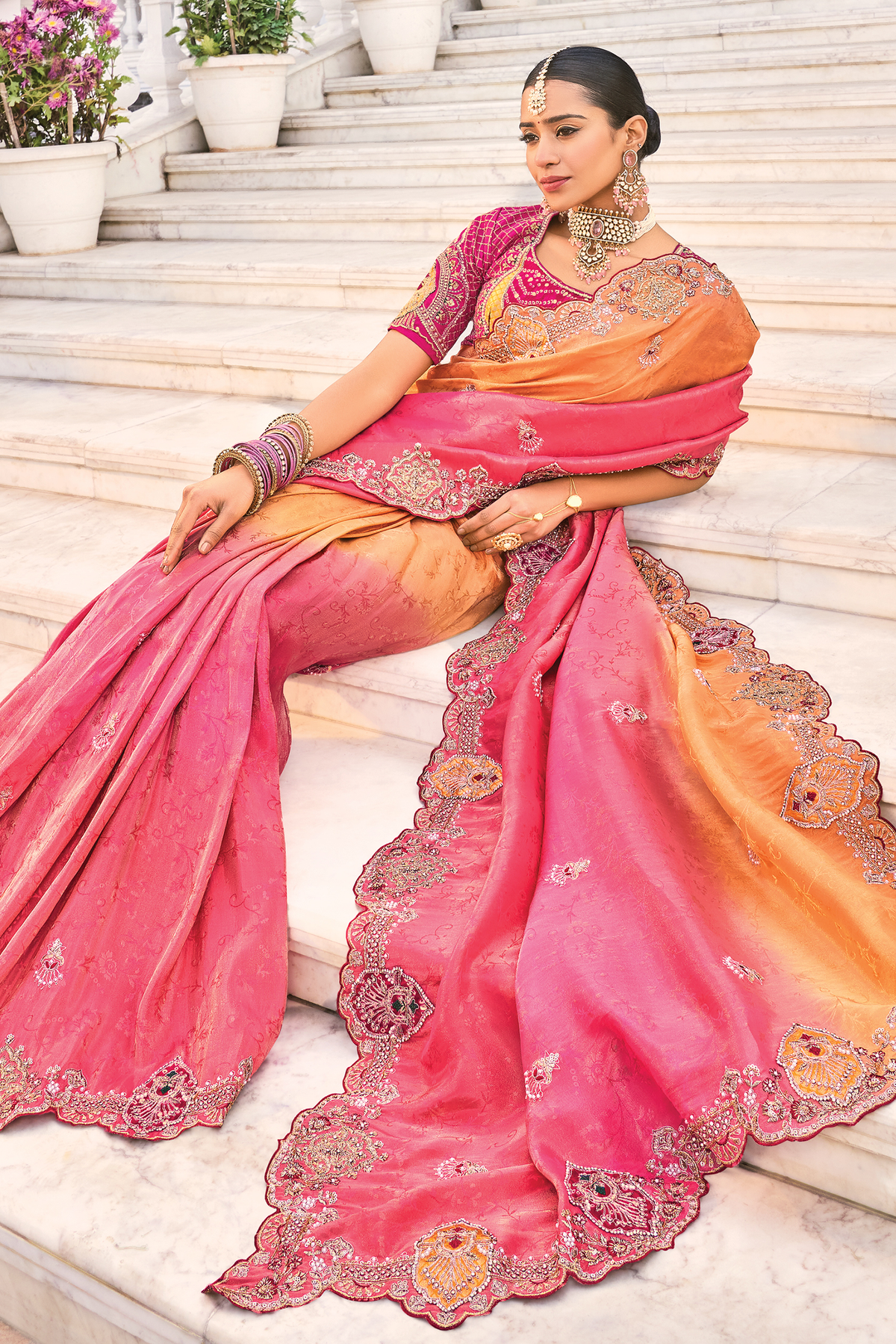 Orange To Rani Pink Gradient Crepe Jacquard Saree Highlighting Pearl Embellishment