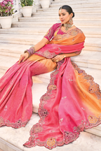 Orange To Rani Pink Gradient Crepe Jacquard Saree Highlighting Pearl Embellishment