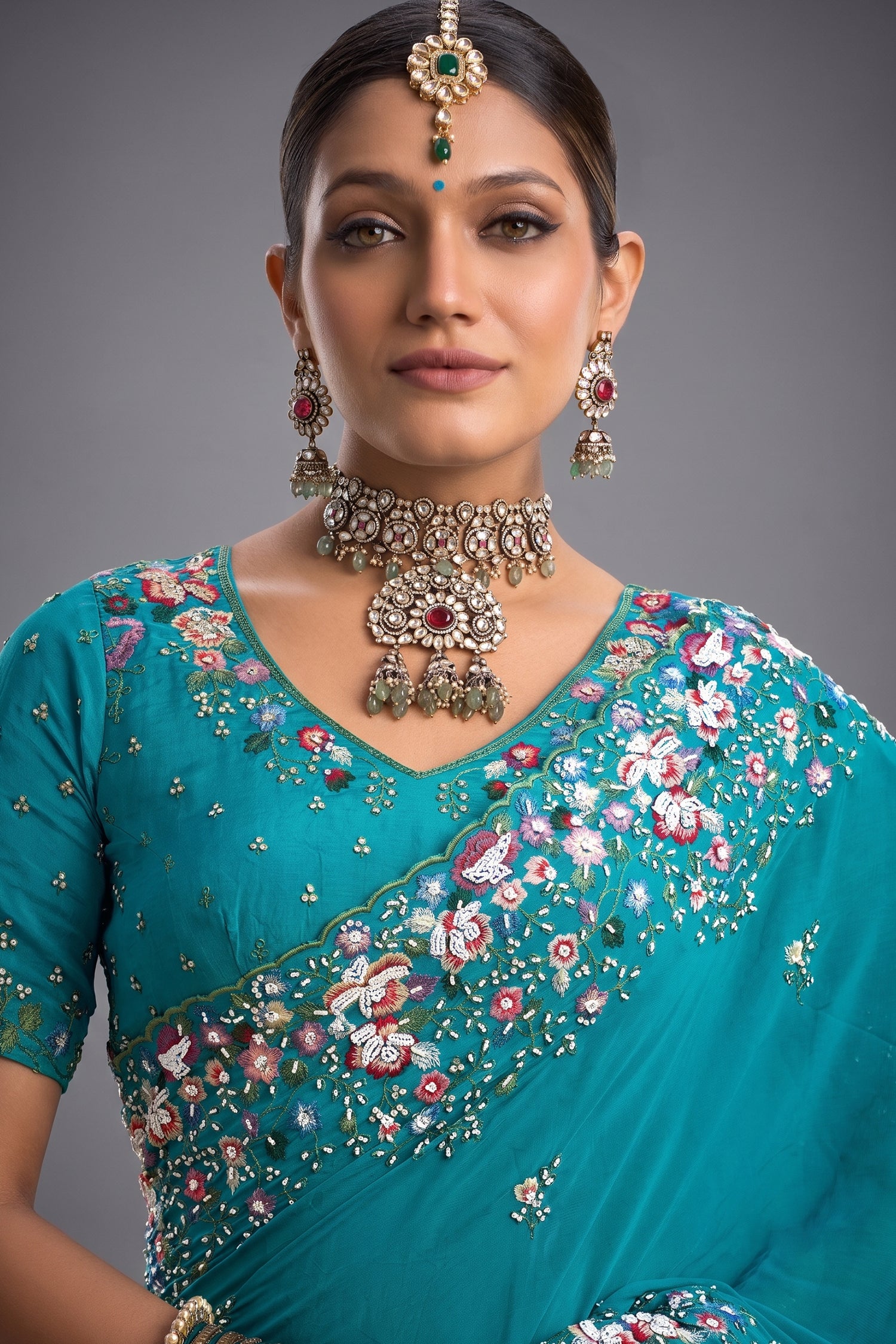 Firozi Turquoise Pure Crepe Saree with Linear Handwork Secondary image