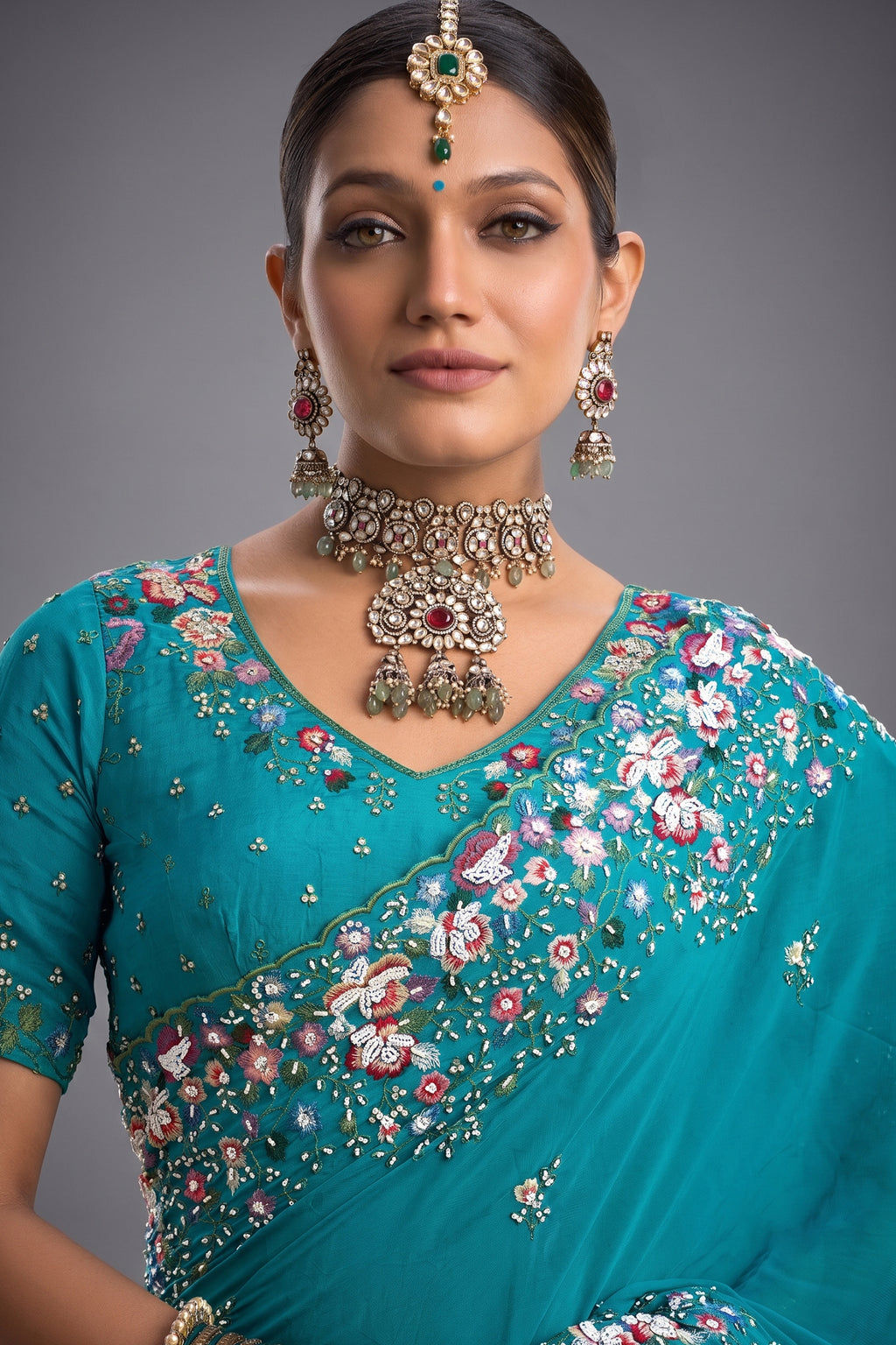 Firozi Turquoise Pure Crepe Saree with Linear Handwork